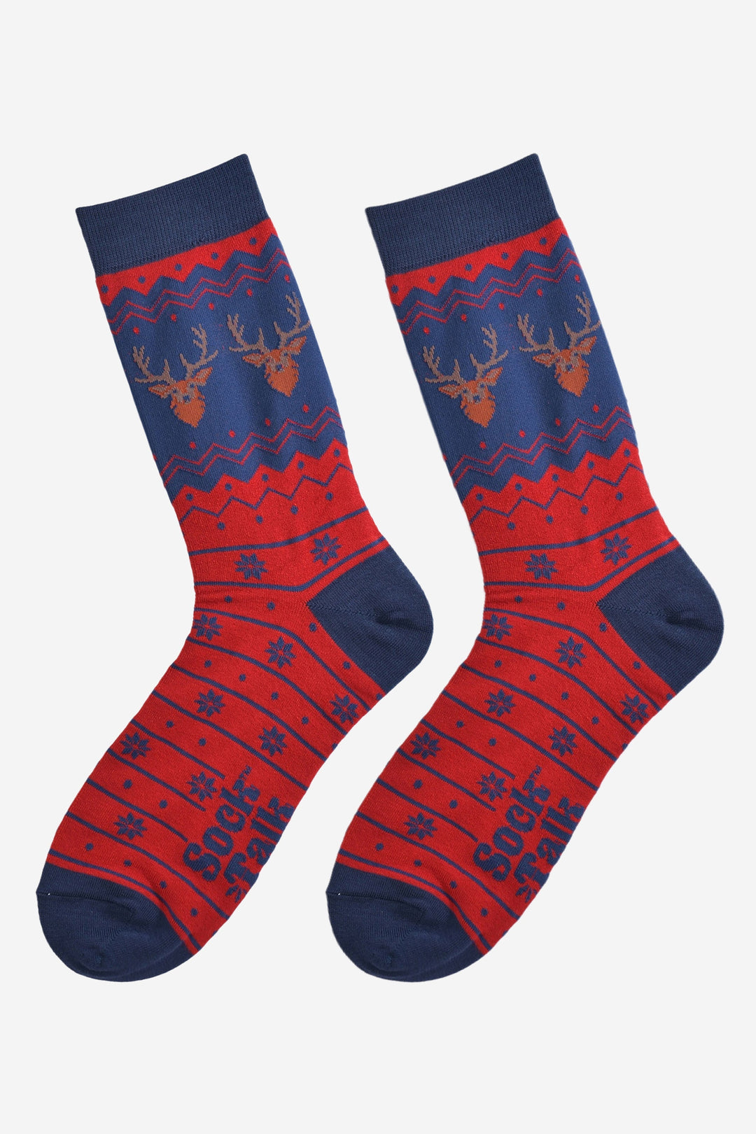 Men's Bamboo Crew Socks Christmas Cracker Gift Box - Red/Navy Blue Stag Fair Isle