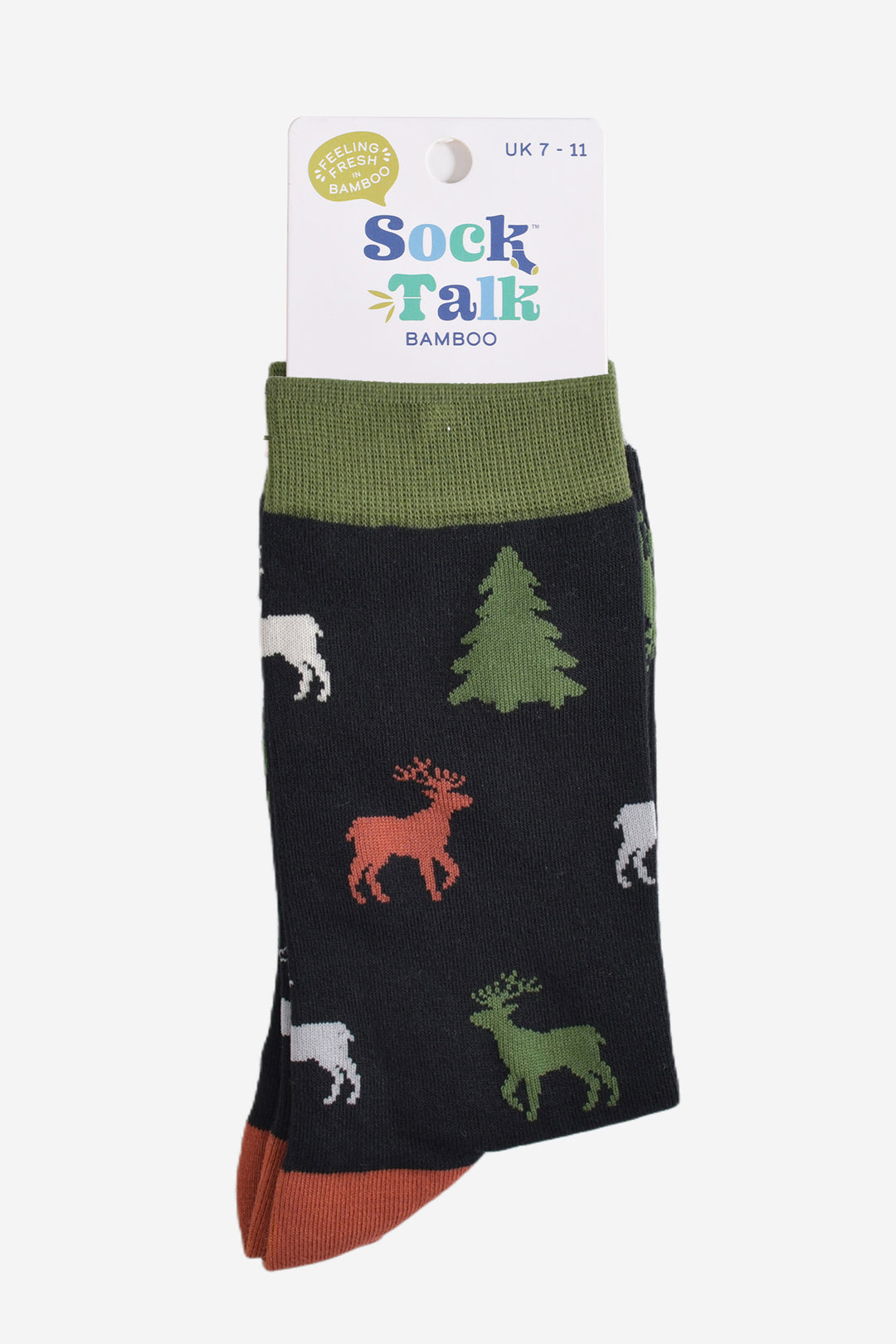 stag and christmas tree bamboo socks in their sock talk packaging, these socks are a uk size 7-11