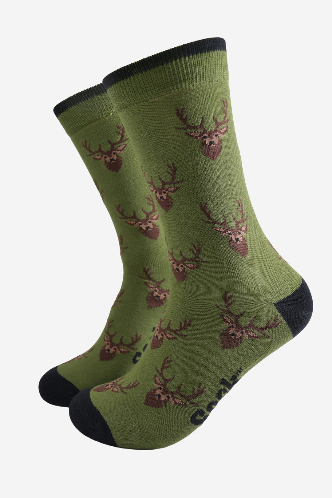 green socks with black heel, toe and cuff with an all over pattern of brown stags heads.