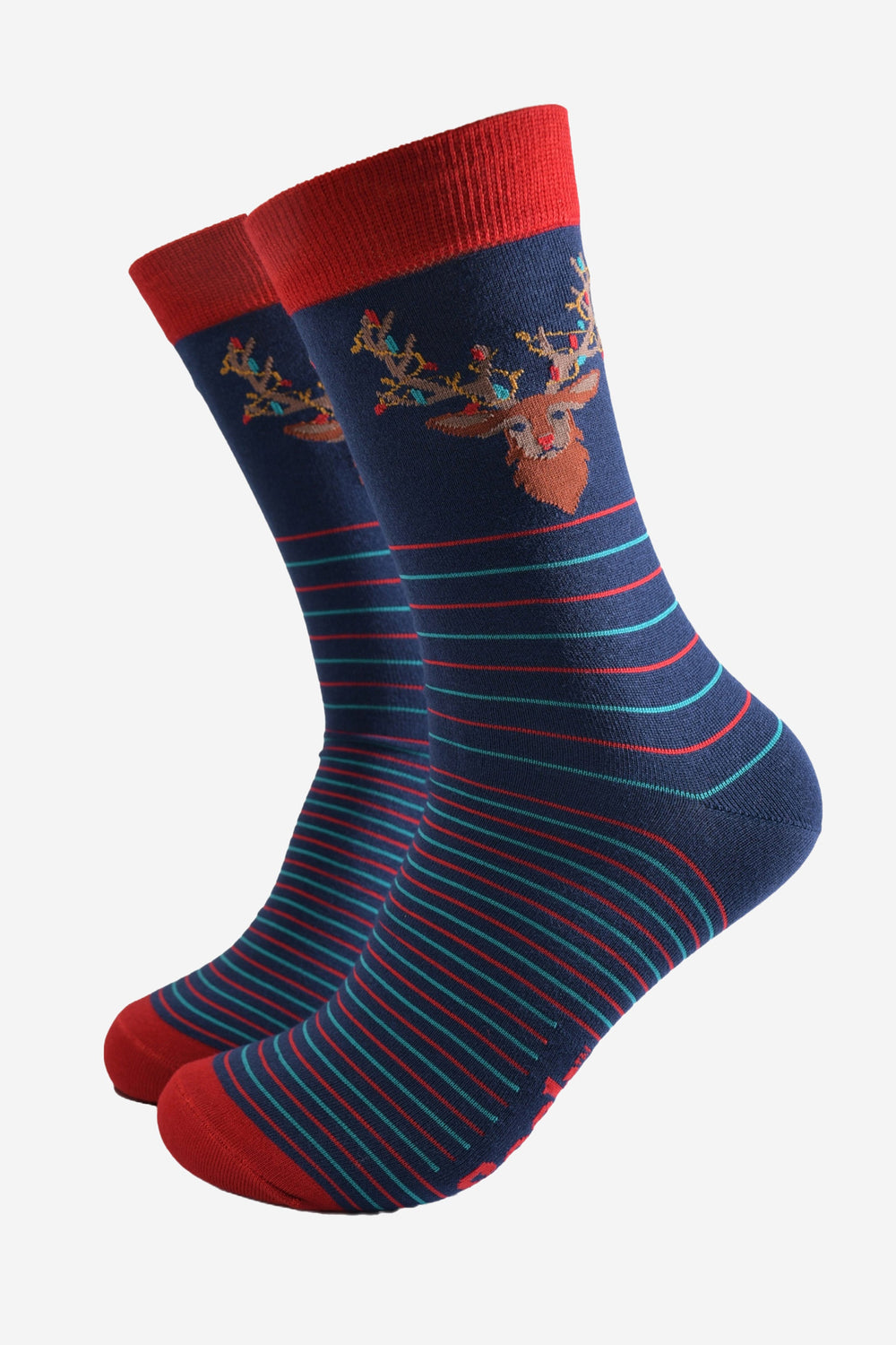 red and navy blue fair isle style bamboo socks featuring snowflakes and stags