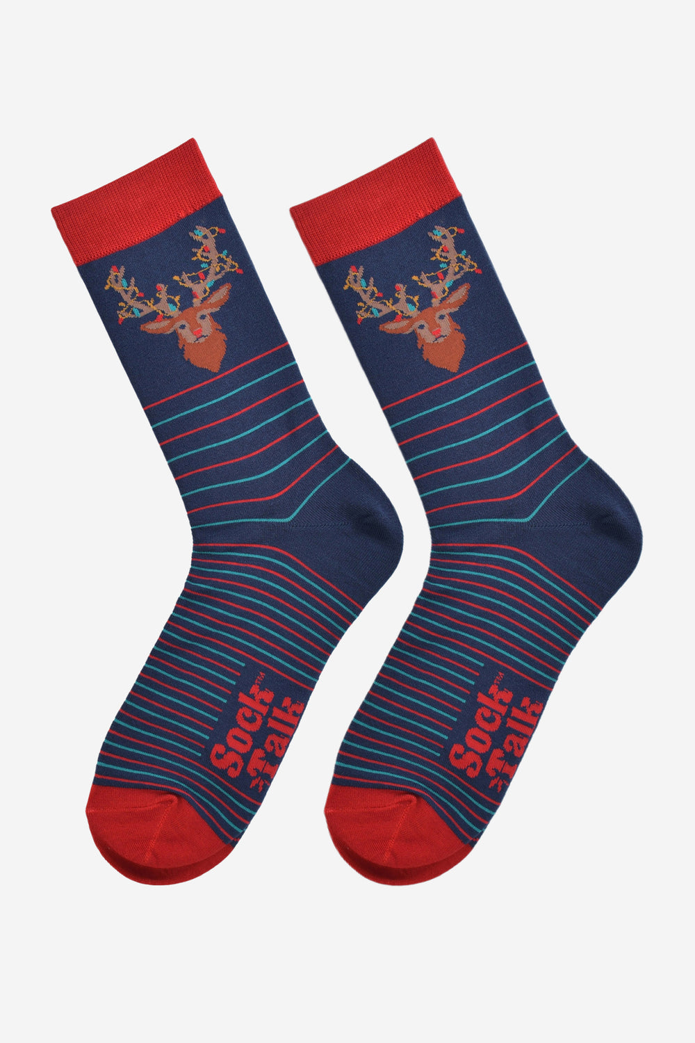 navy blue and red stag party lights socks laying flat, showing the pinstripe pattern in red and turquoise and the large stag head on the ankle