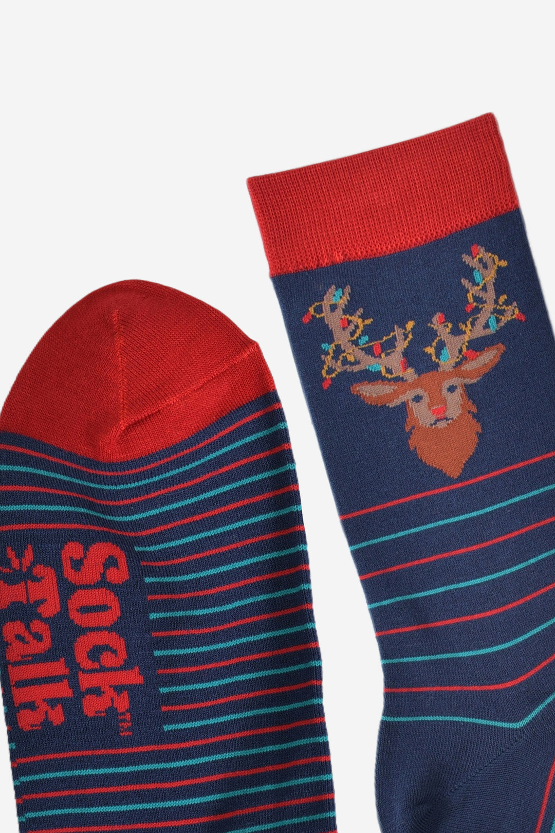 showing the toe and the cuff of the stag party bamboo socks, they are both red in contrast to the navy blue base of the socks