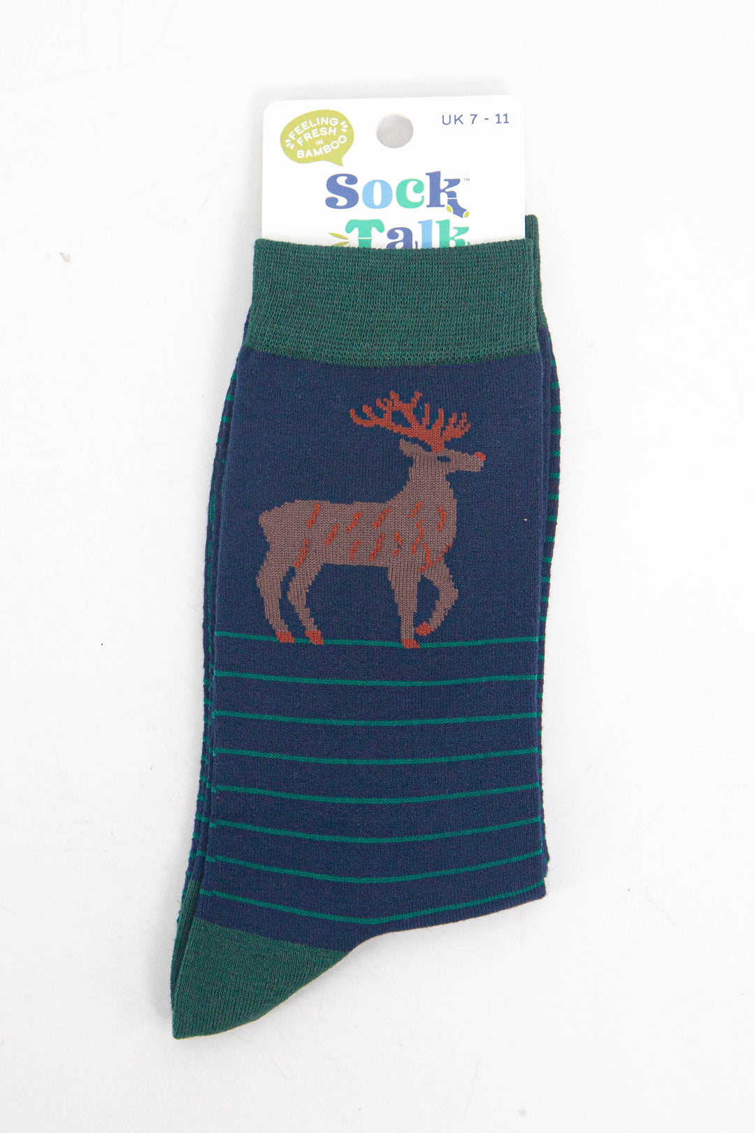 striped stag bamboo socks in their sock talk packaging, these socks are a uk size 3-7