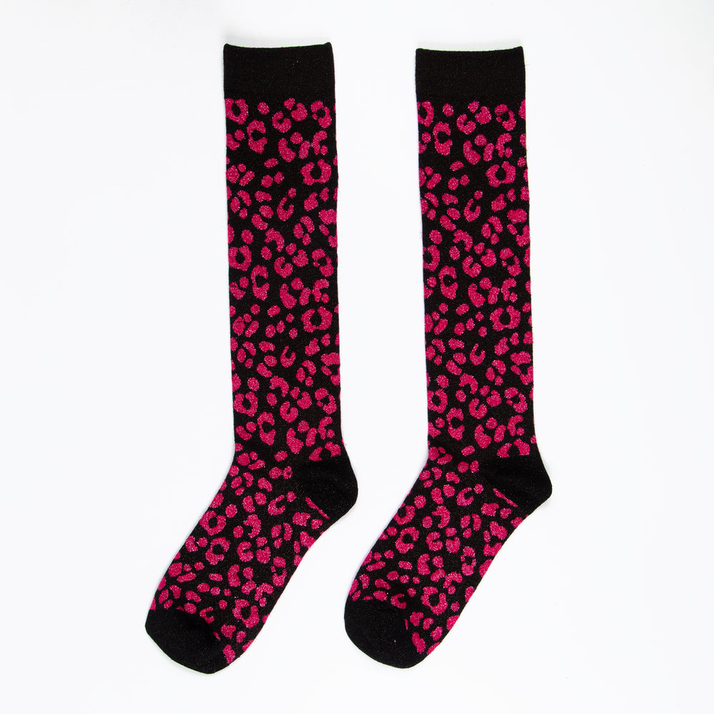 pink and black leopard print knee high glitter socks