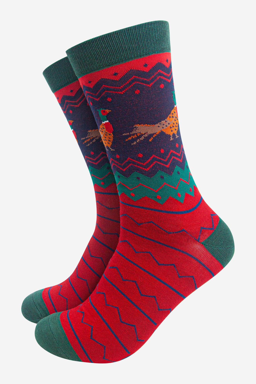 red green and navy bamboo mens socks featuring woodland pheasants and a zig zag fair isle pattern