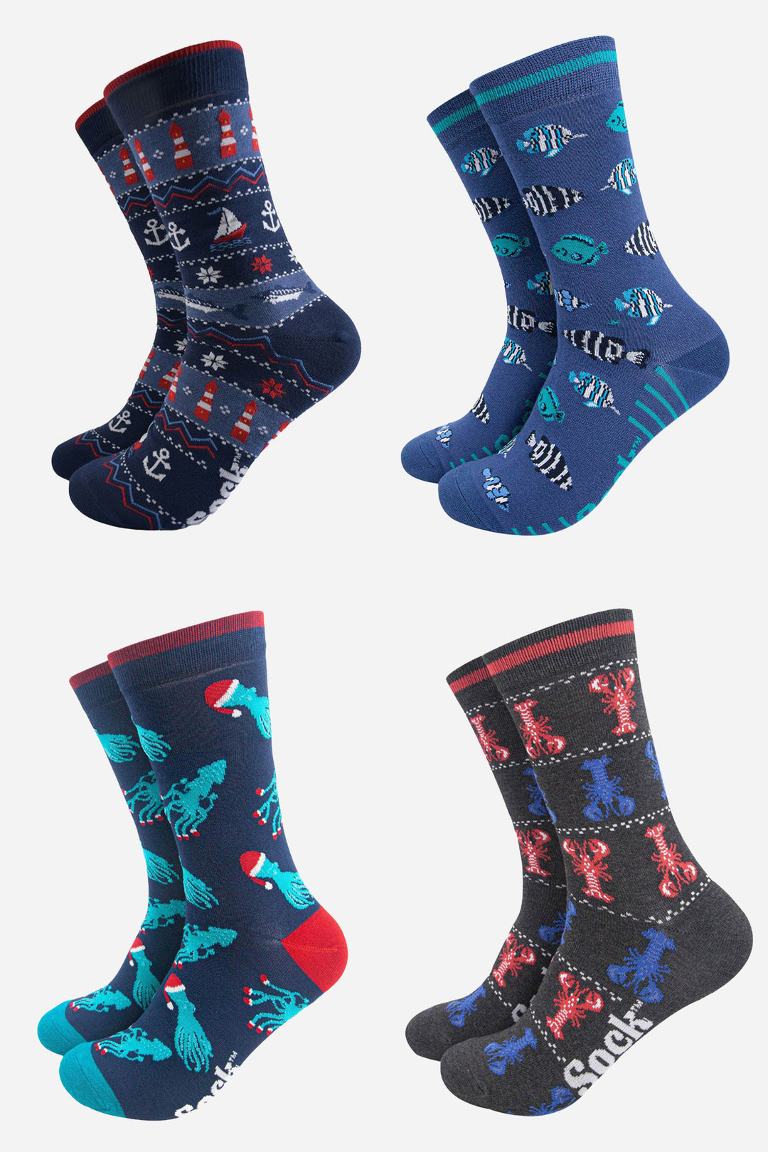 Men's Bamboo Crew Socks Festive Gift Set - Navy Blue/Red, Sealife