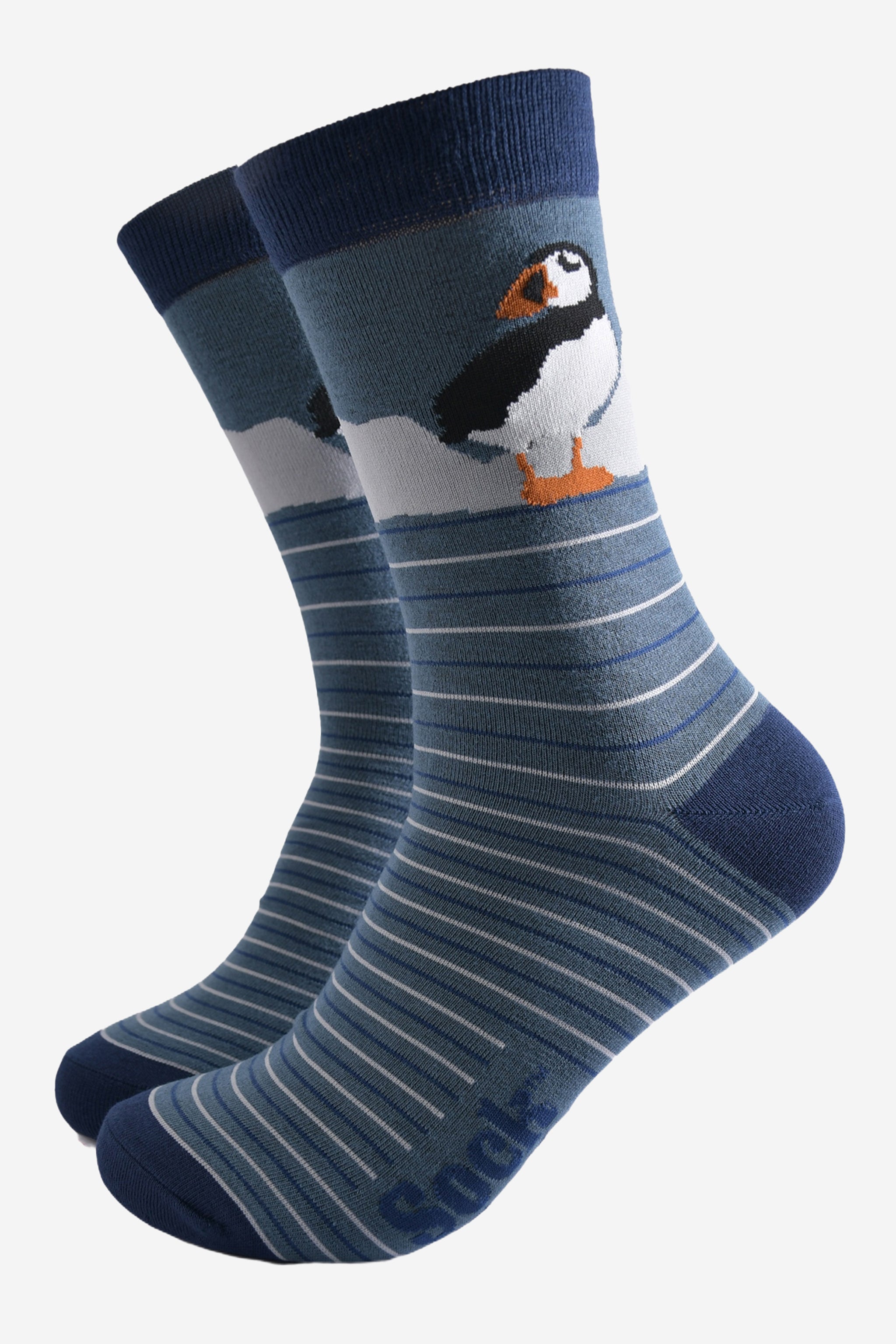 Sock Talk Mens Teal Bamboo Socks Puffin Birds Striped Midcalf UK 7-11 ...