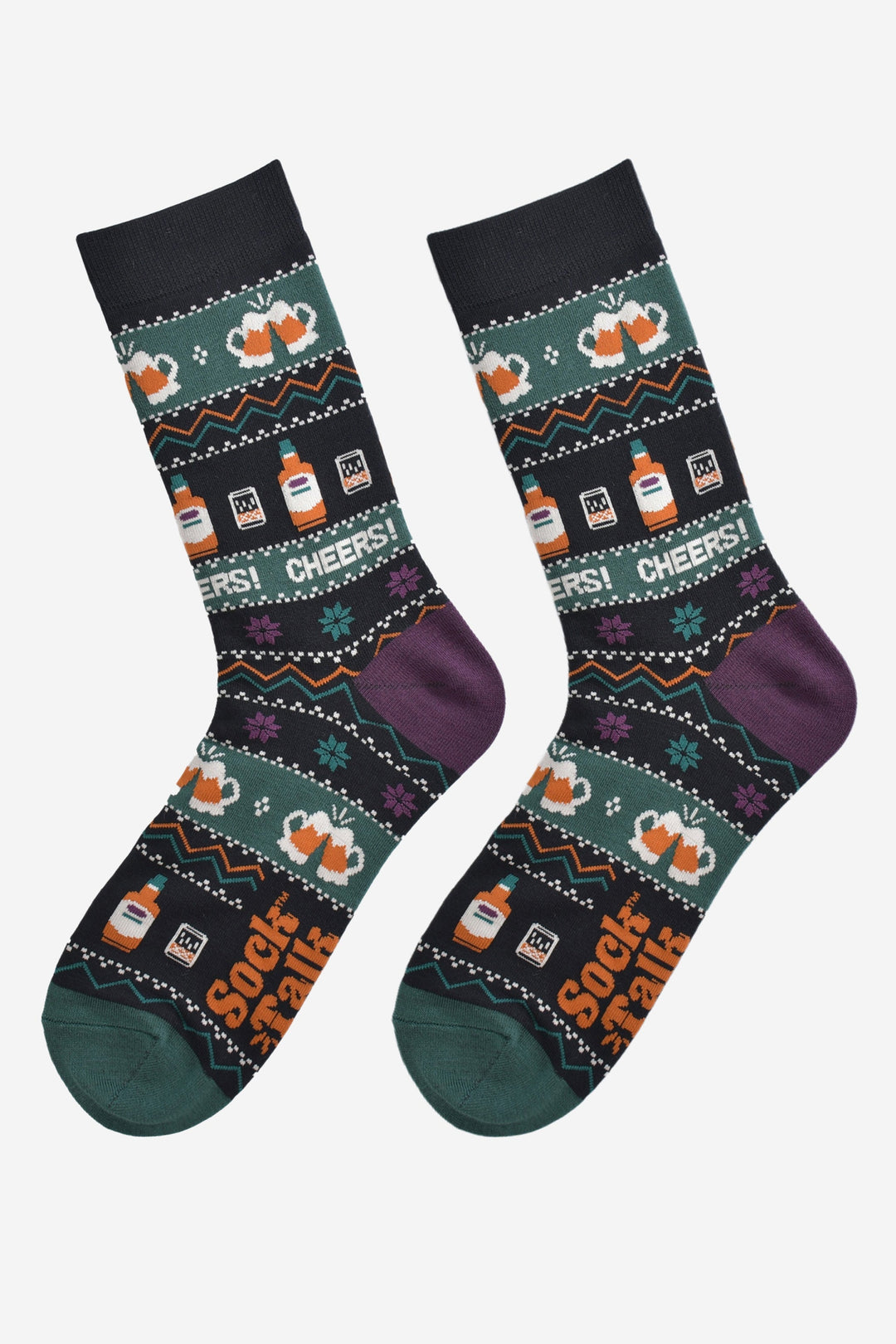 Men's Bamboo Crew Socks Christmas Cracker Gift Box -  Black/Green, Party Drinks Fair Isle