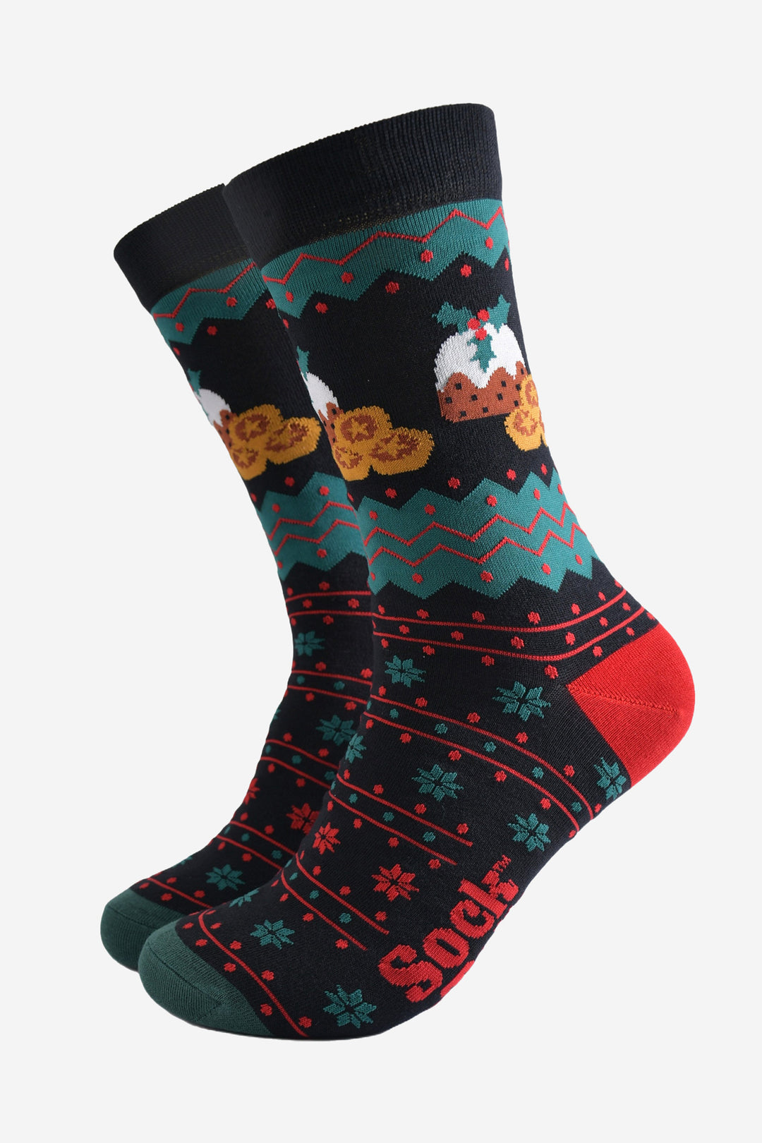 black, red and green bamboo socks with a fair isle style pattern and christmas puddings and mince pies on the ankles