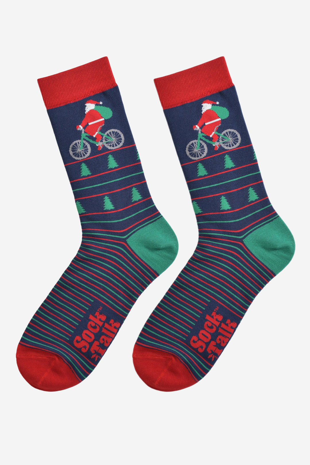 cycling santa socks laying flat, showing the green and red stripe pattern, xmas trees and santa on a bicycle