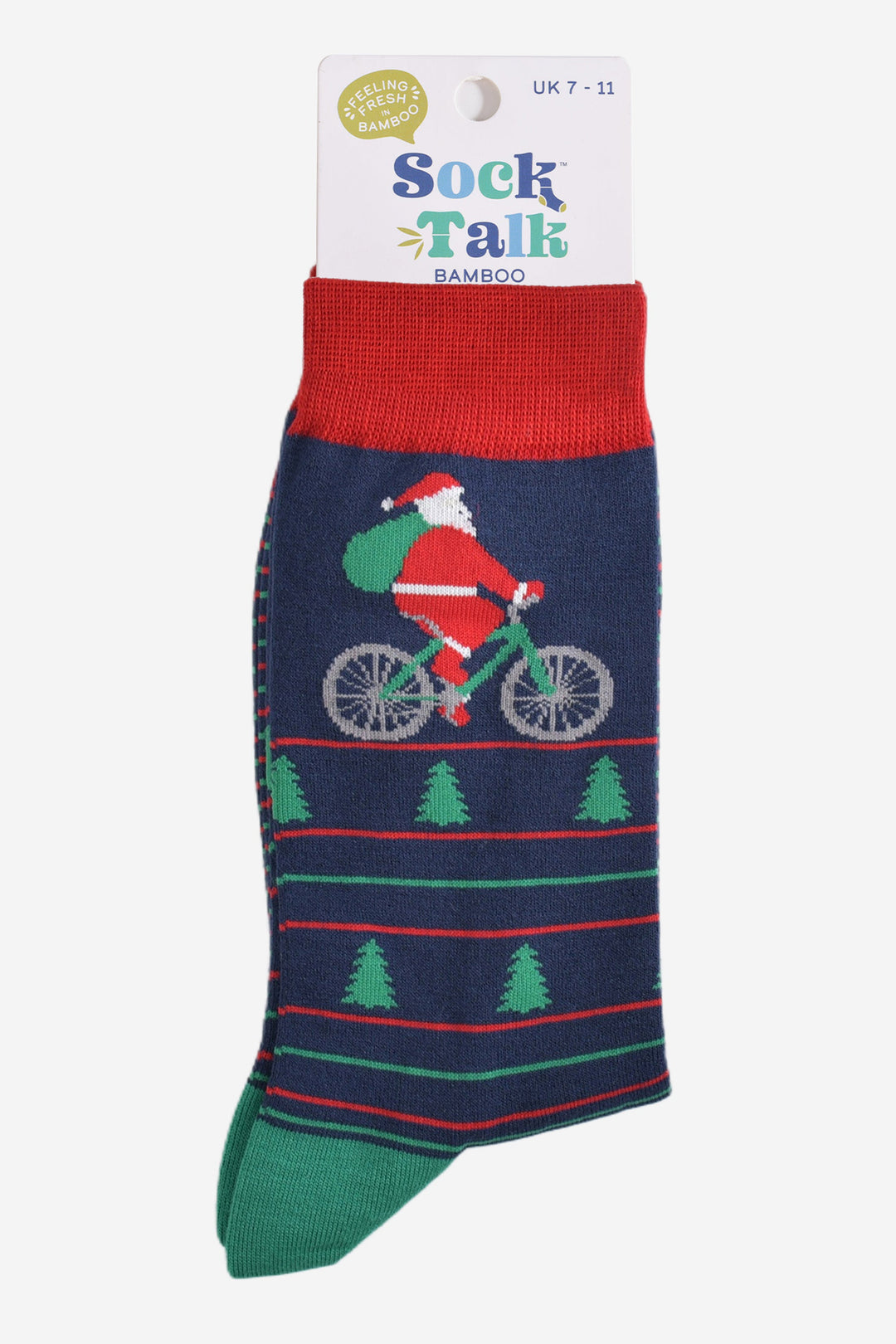 cycling santa claus bamboo socks in their sock talk packaging, these socks are a uk size 7-11