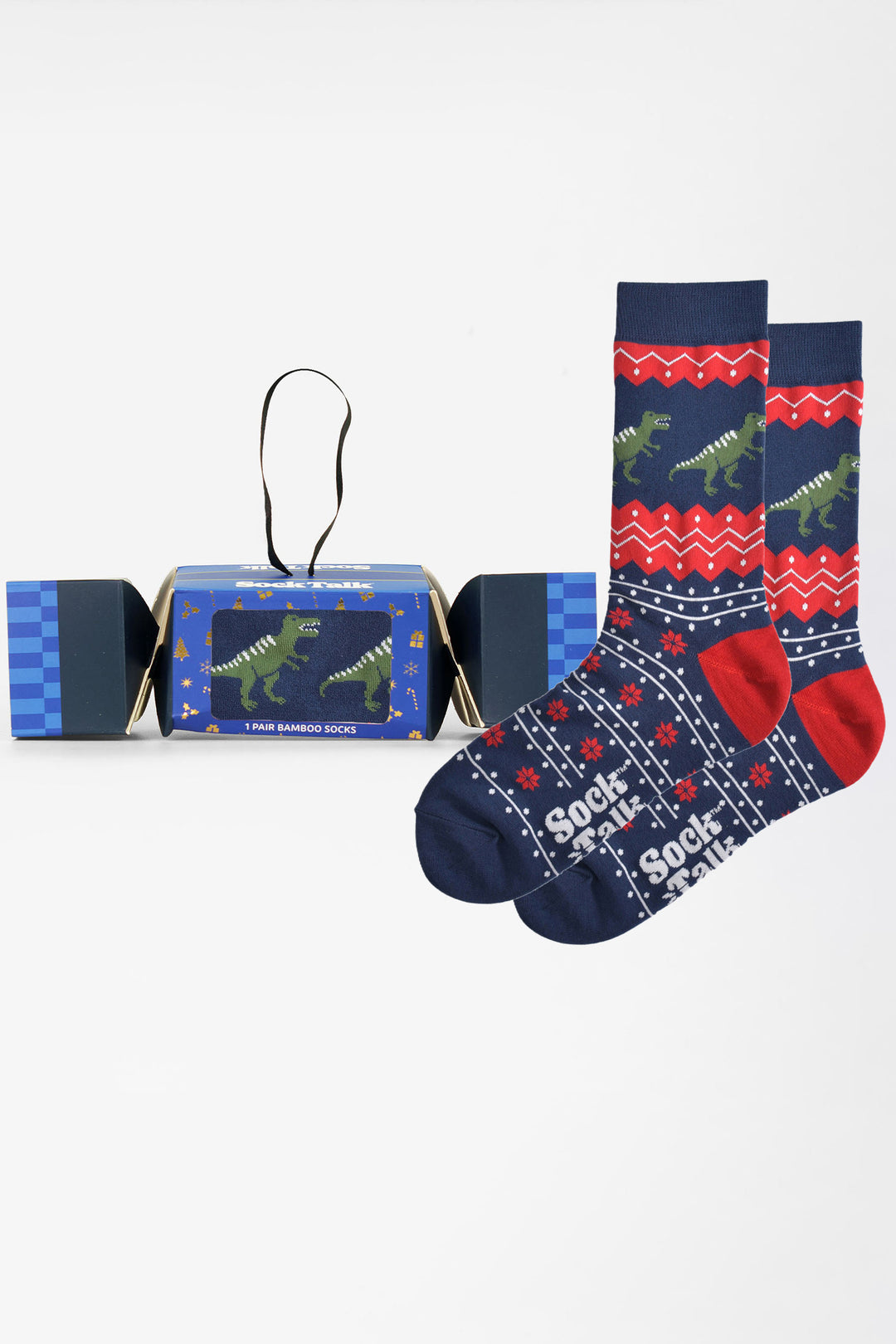T-Rex-Dinosaur-Bamboo-Crew-Socks-Christmas-Cracker-Gift-Box-in-Navy Blue/Red