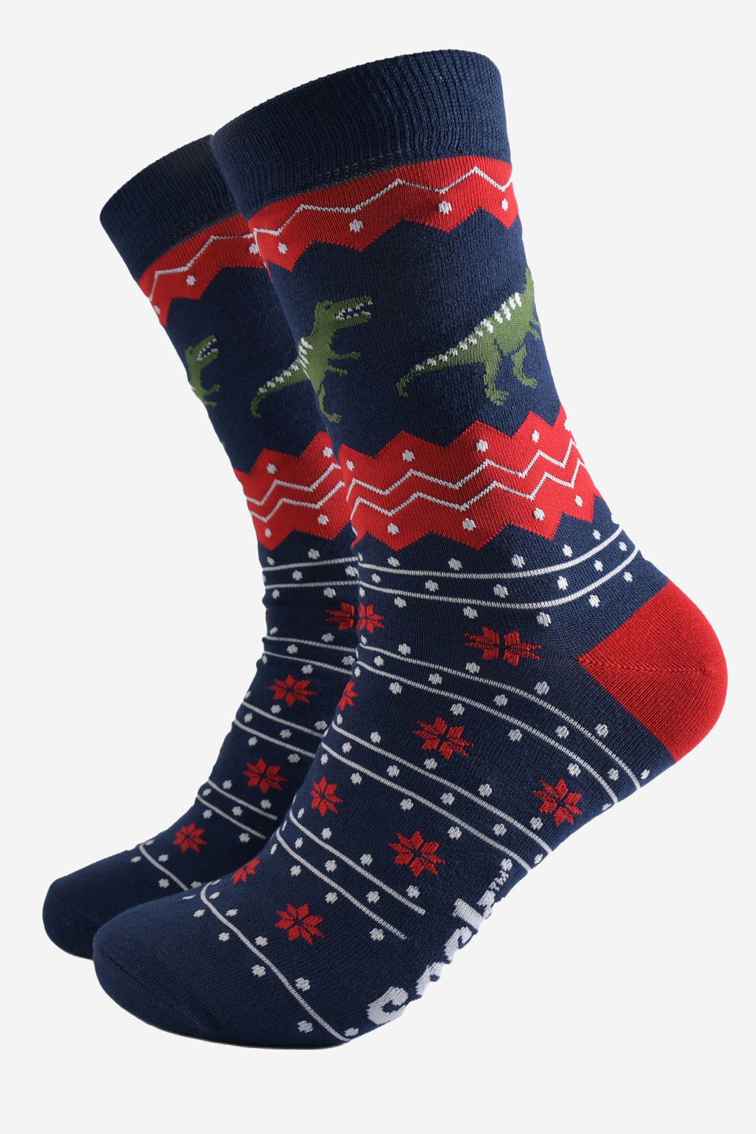 navy blue and red fair isle style dress socks with green T-Rex dinosaurs around the ankle