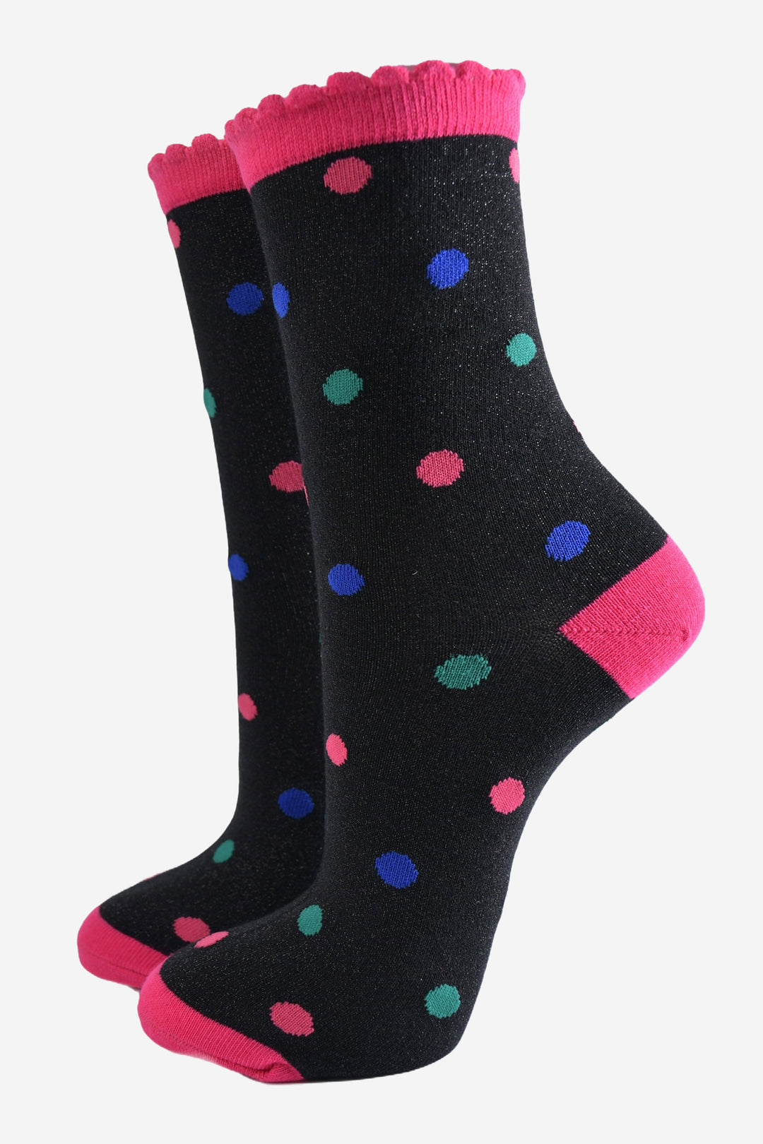 black glitter ankle socks with pink heel toe and cuff and an all over multicoloured polka dot pattern in green, blue and pink. the socks have an all over glitter sparkle