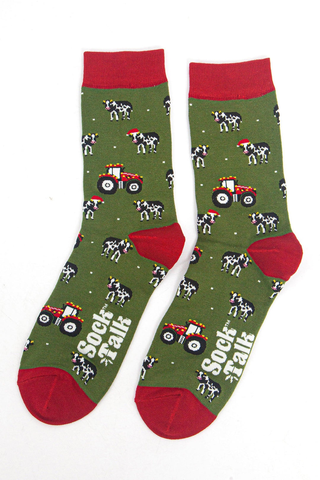 Men's Bamboo Crew Socks Christmas Cracker Gift Box -  Green/Red, Christmas Cow and Tractor