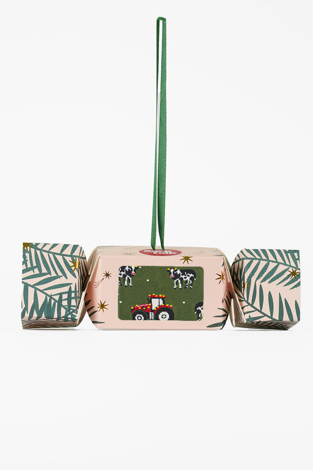 Men's Bamboo Crew Socks Christmas Cracker Gift Box -  Green/Red, Christmas Cow and Tractor