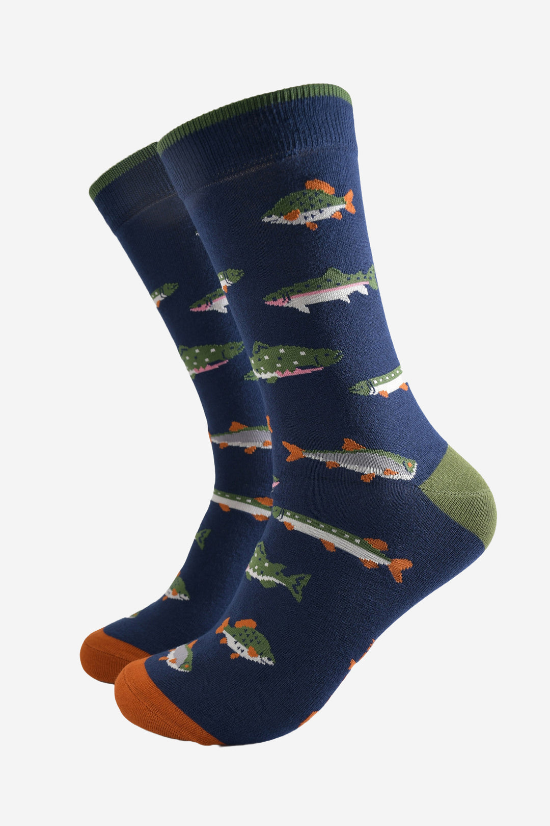 navy blue socks with a pattern of green and grey river fish