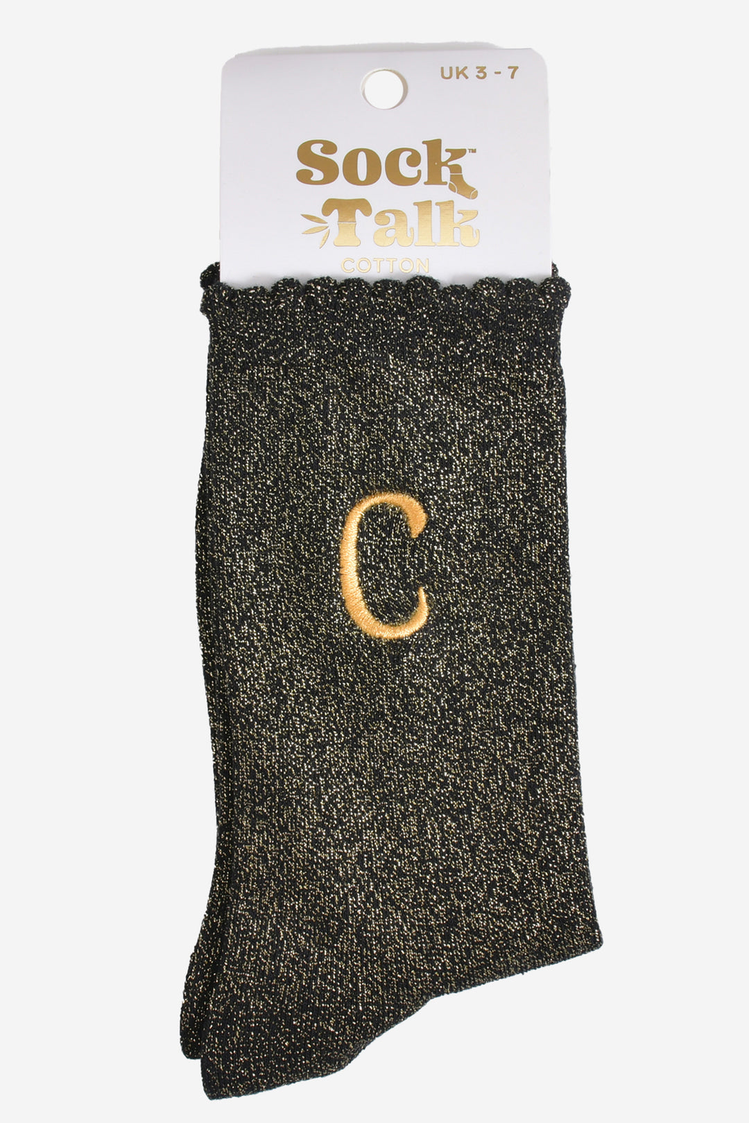 embroidered glitter letter c cotton ankle socks in their sock talk packaging, the socks are a uk size 3-7