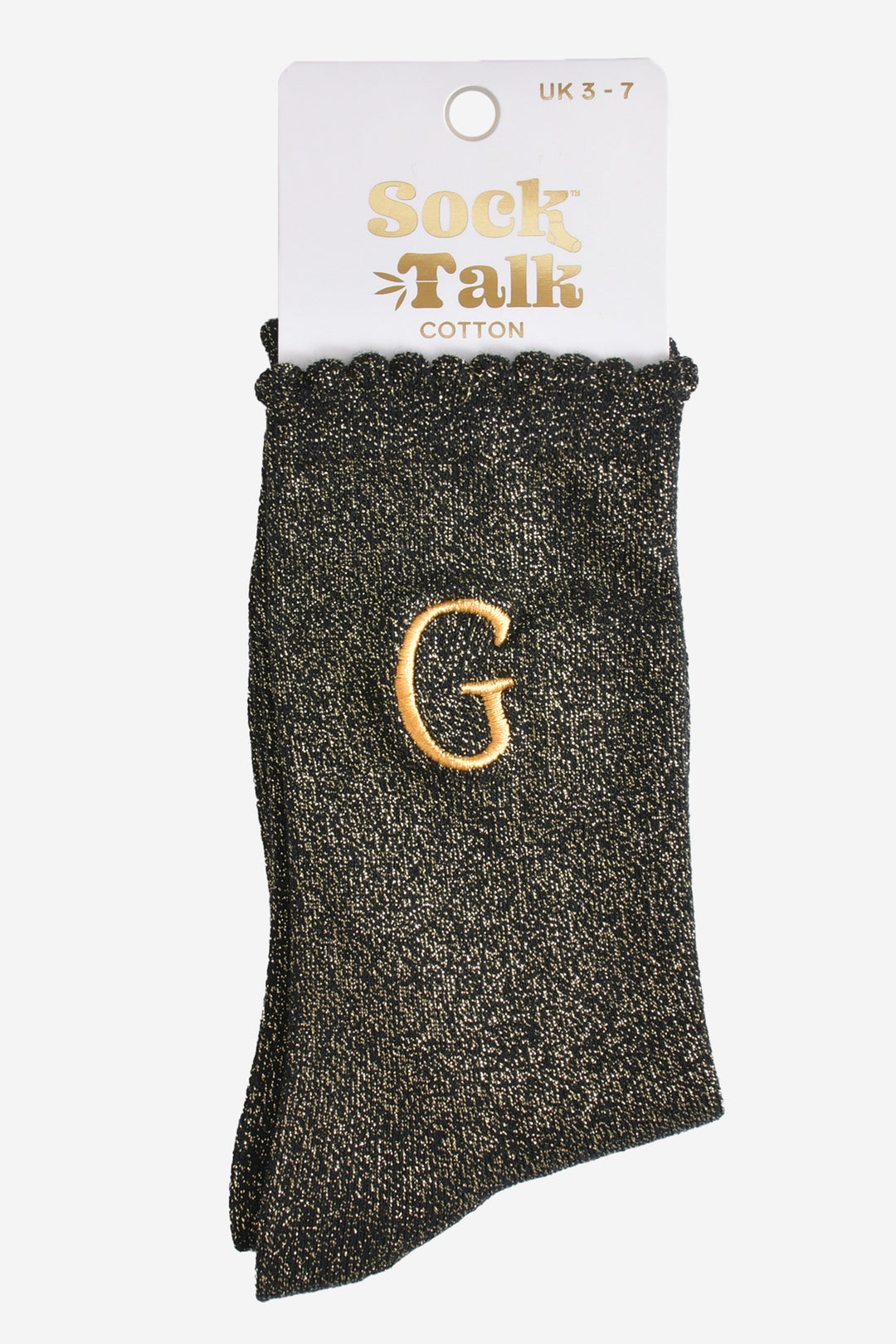 embroidered glitter letter g cotton ankle socks in their sock talk packaging, the socks are a uk size 3-7