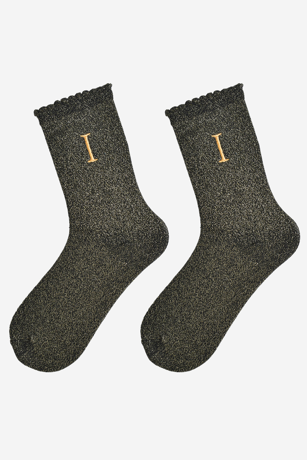 showing the glitter socks laying flat, they have a scalloped cuff and an all over gold sparkle