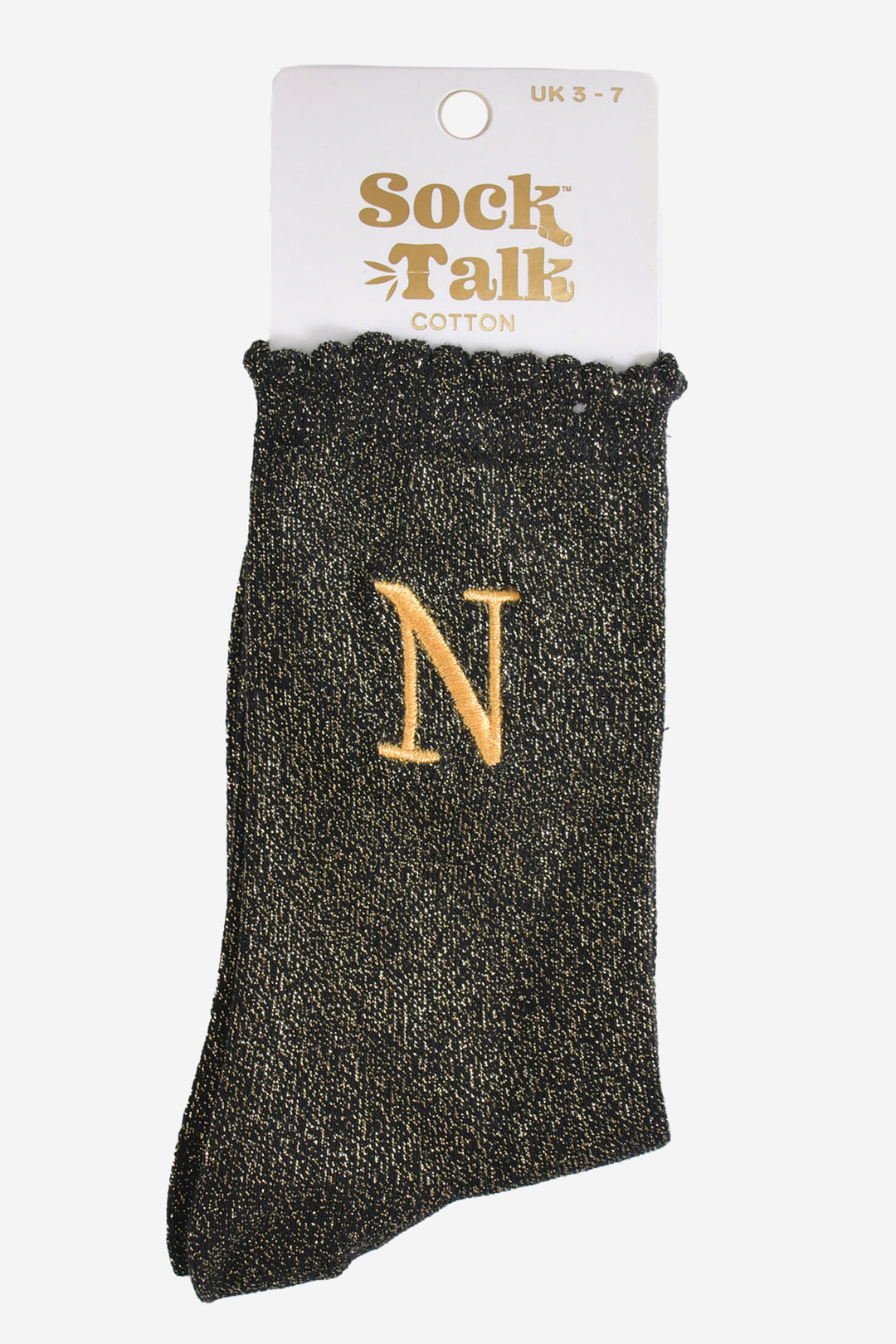 embroidered glitter letter n cotton ankle socks in their sock talk packaging, the socks are a uk size 3-7