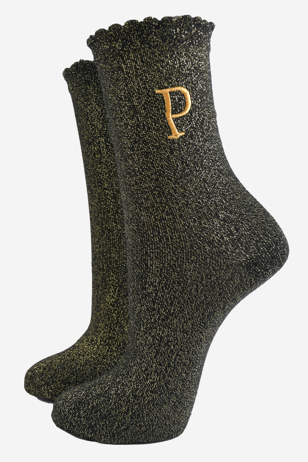 black ankle socks with a scalloped cuff, with an all over gold glitter sparkle and an embroidered gold letter p on the ankle