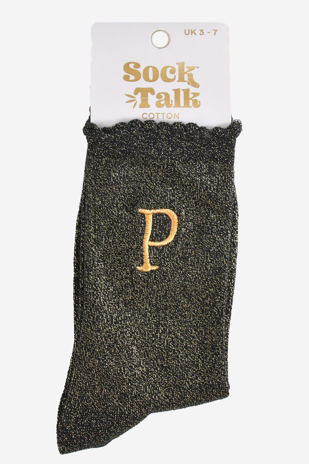 embroidered glitter letter p cotton ankle socks in their sock talk packaging, the socks are a uk size 3-7