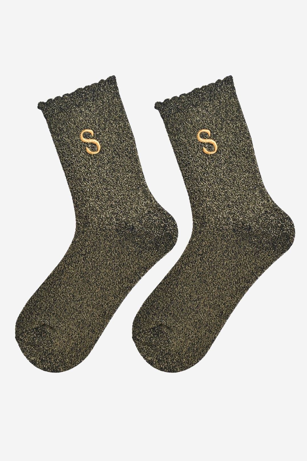 showing the glitter socks laying flat, they have a scalloped cuff and an all over gold sparkle