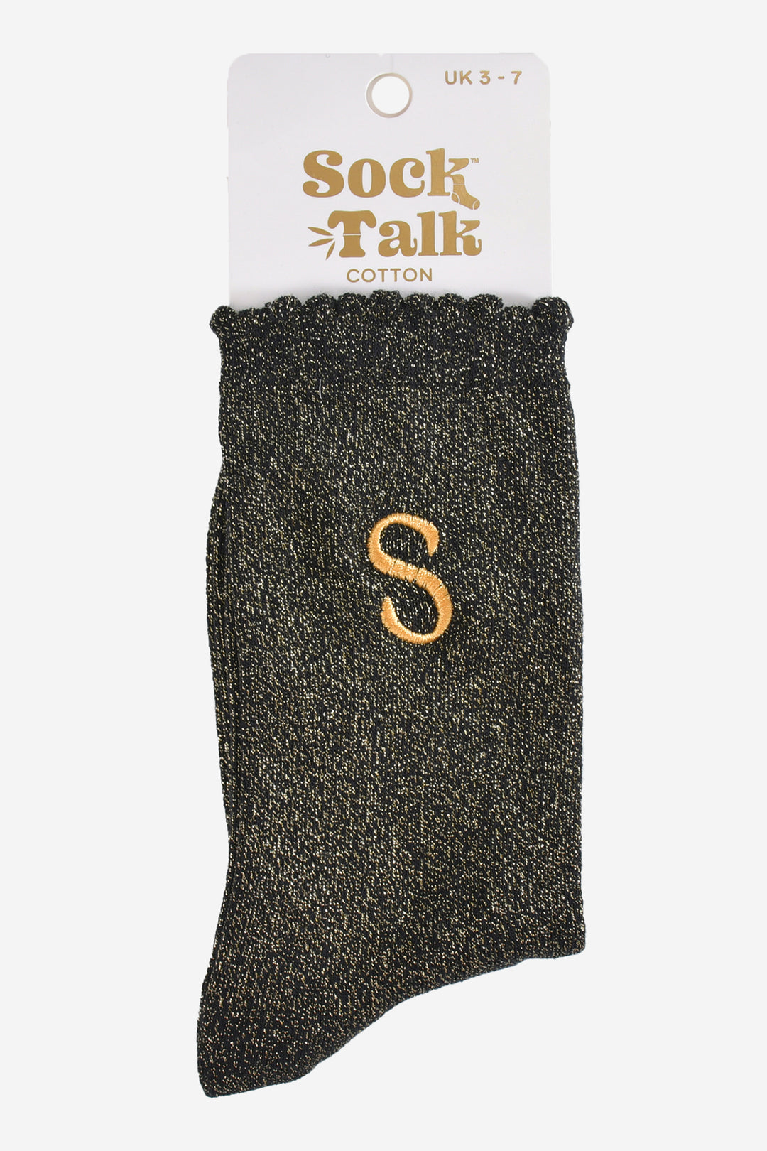 embroidered glitter letter s cotton ankle socks in their sock talk packaging, the socks are a uk size 3-7