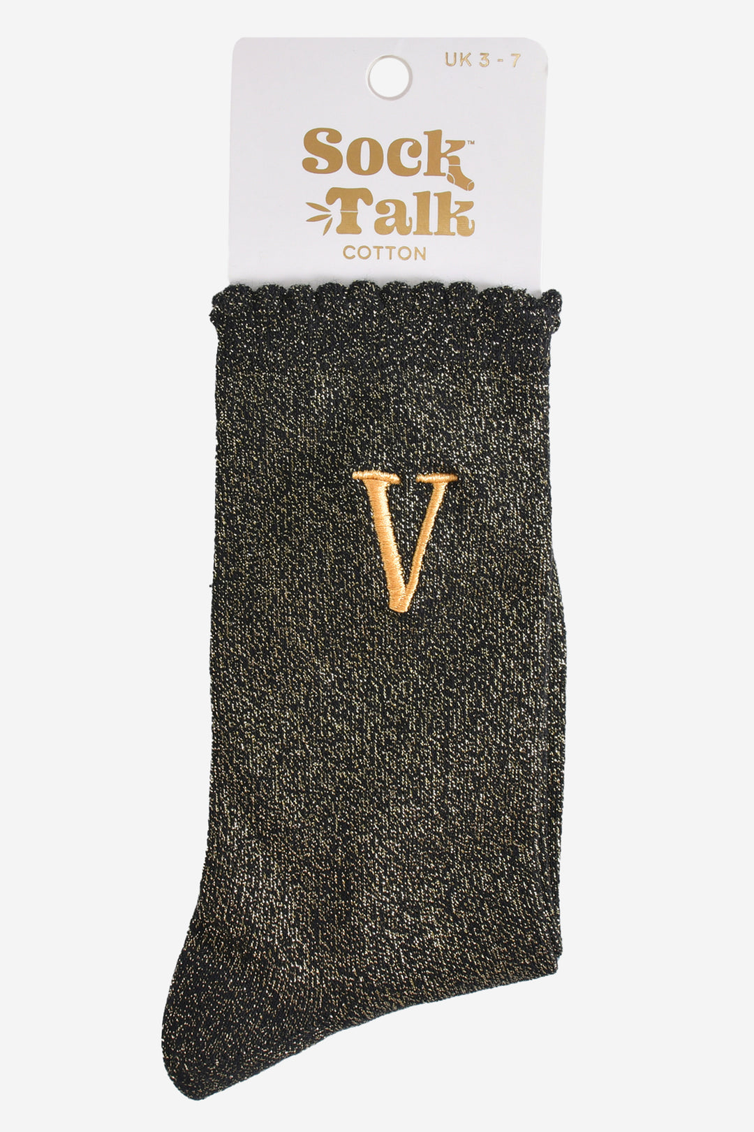 embroidered glitter letter v cotton ankle socks in their sock talk packaging, the socks are a uk size 3-7