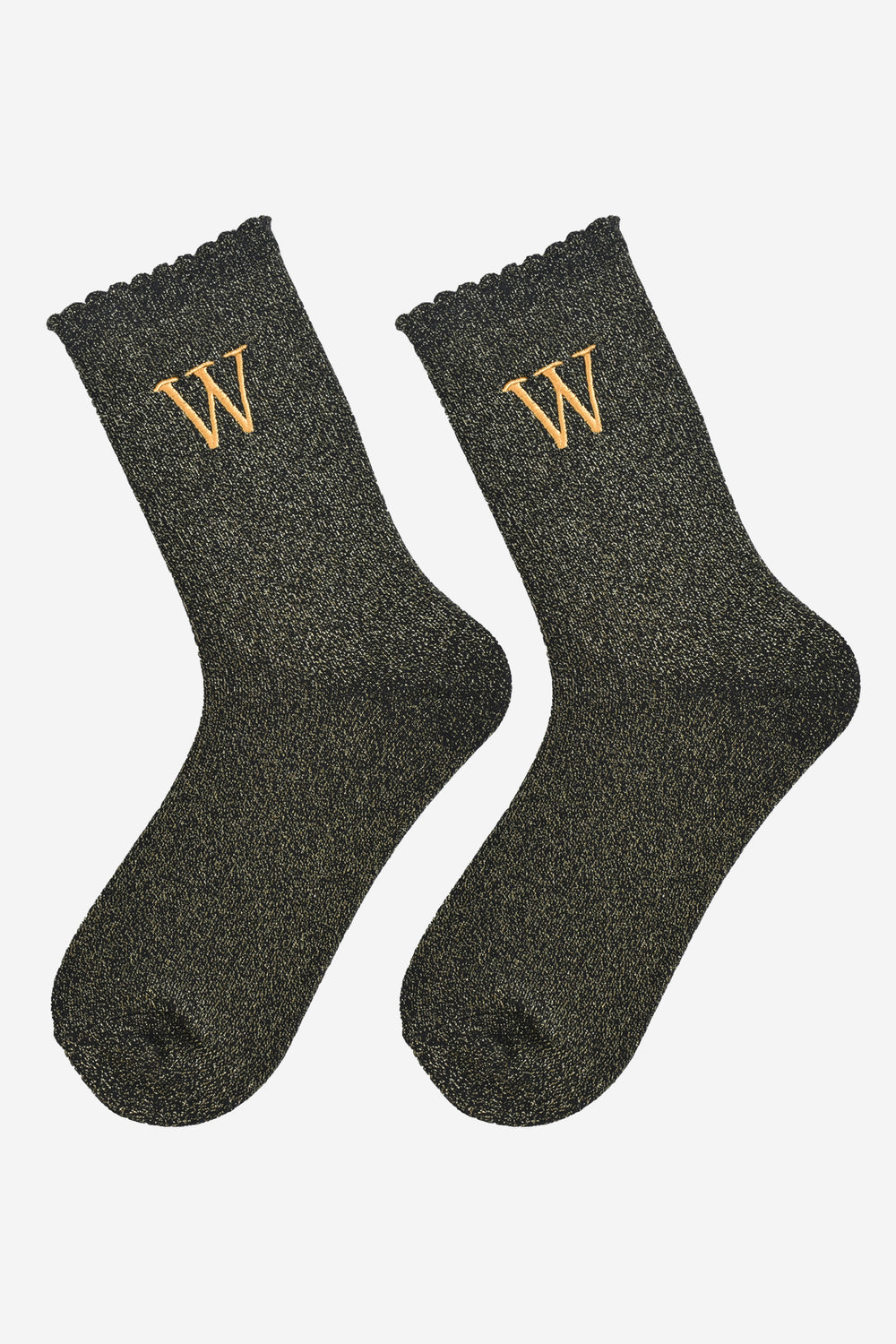 showing the glitter socks laying flat, they have a scalloped cuff and an all over gold sparkle