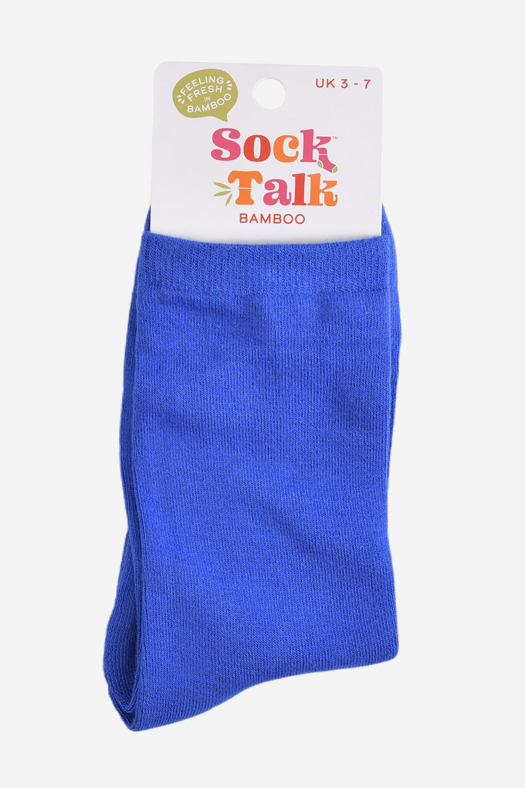 plain royal blue bamboo ankle socks in their sock talk packaging, the socks are a uk size 3-7