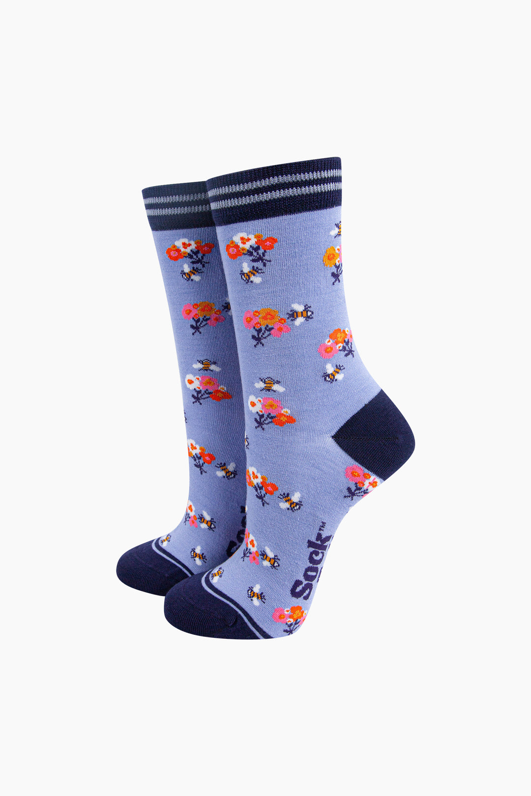 Bees-Floral-Posy-Bamboo-Socks-in-Blue-On-Foot-Mannequin