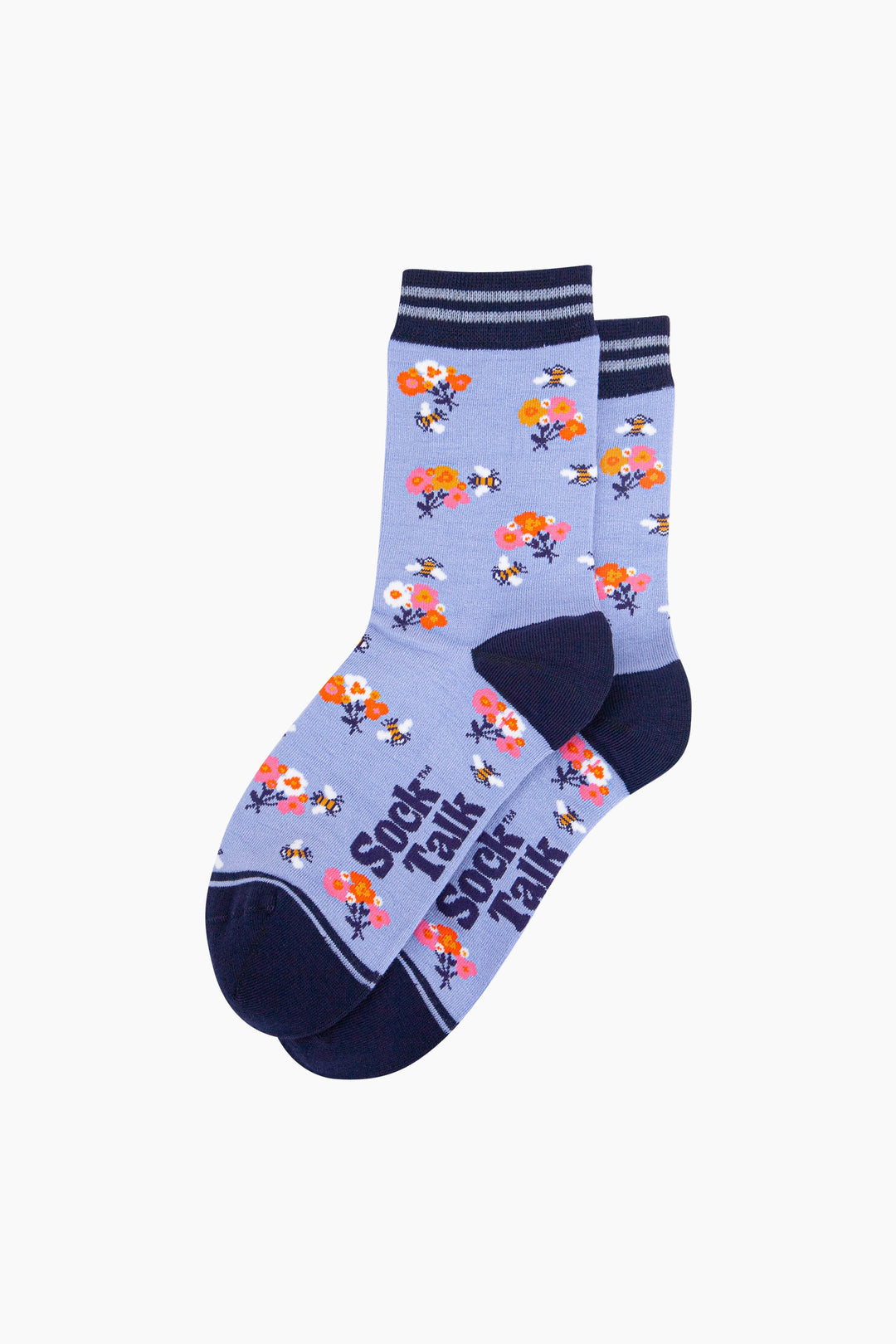 Bees-Floral-Posy-Bamboo-Socks-in-Blue-Laid-Flat