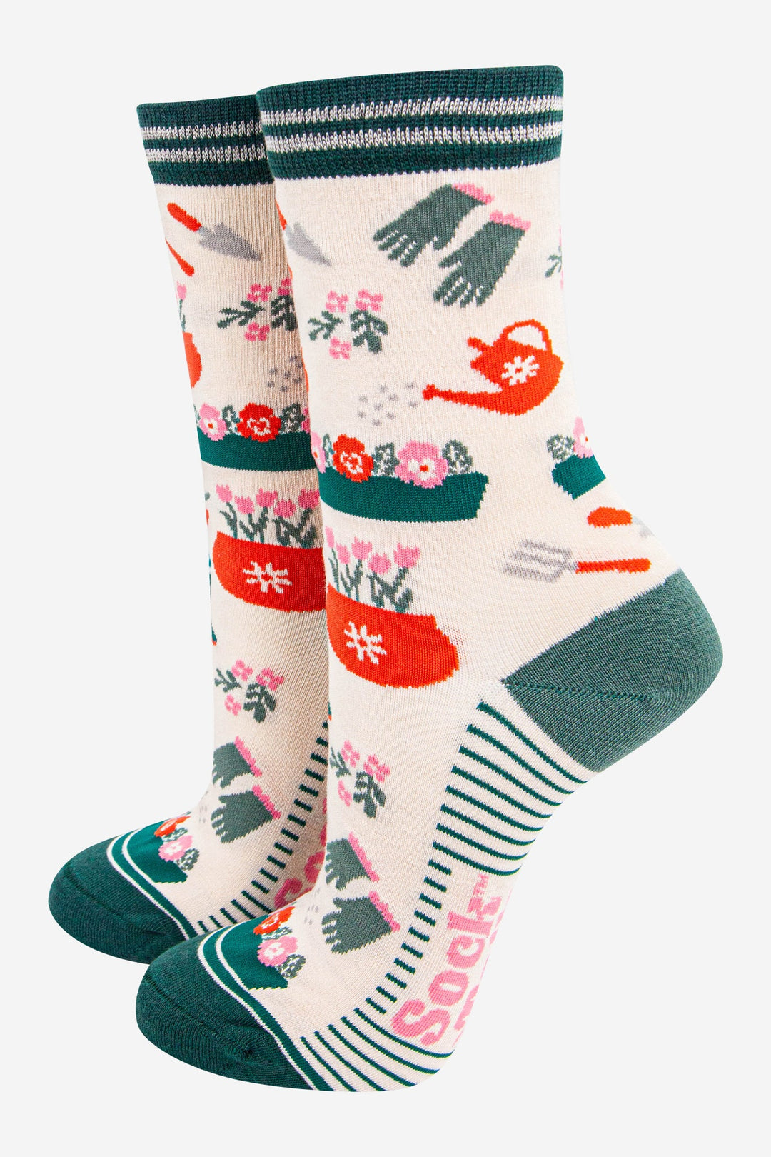 womens-bamboo-socks-cream-green-gardening-flower-pots-tools