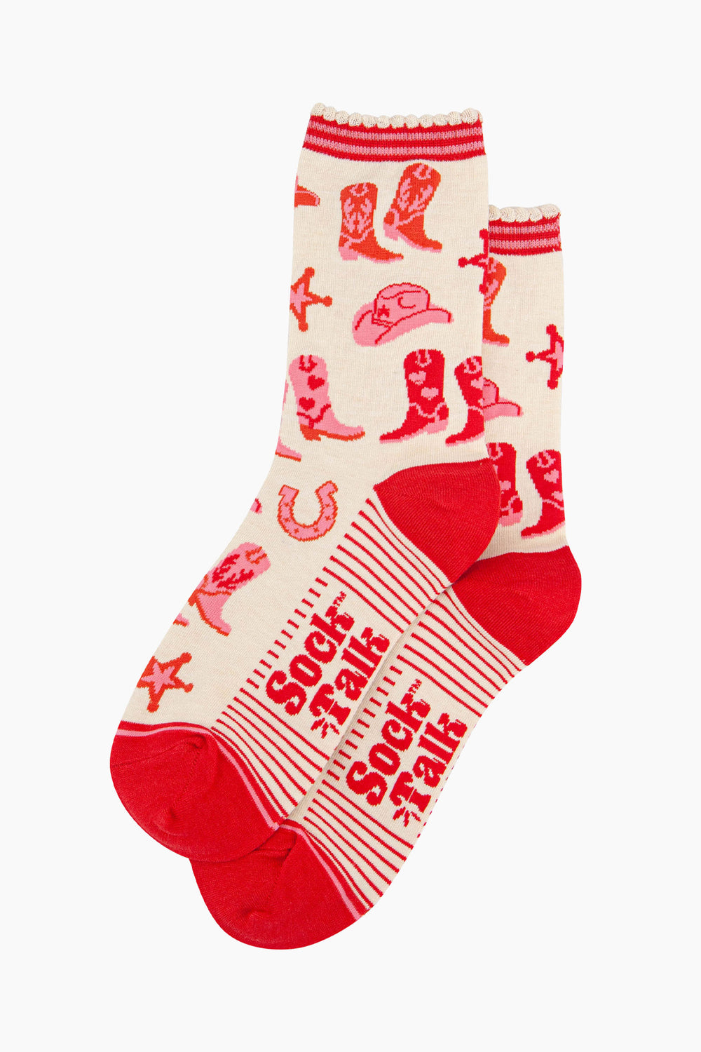 womens-bamboo-socks-cream-western-cowboy-laying-flat-showing--all-over-pattern-in-pink-and-red