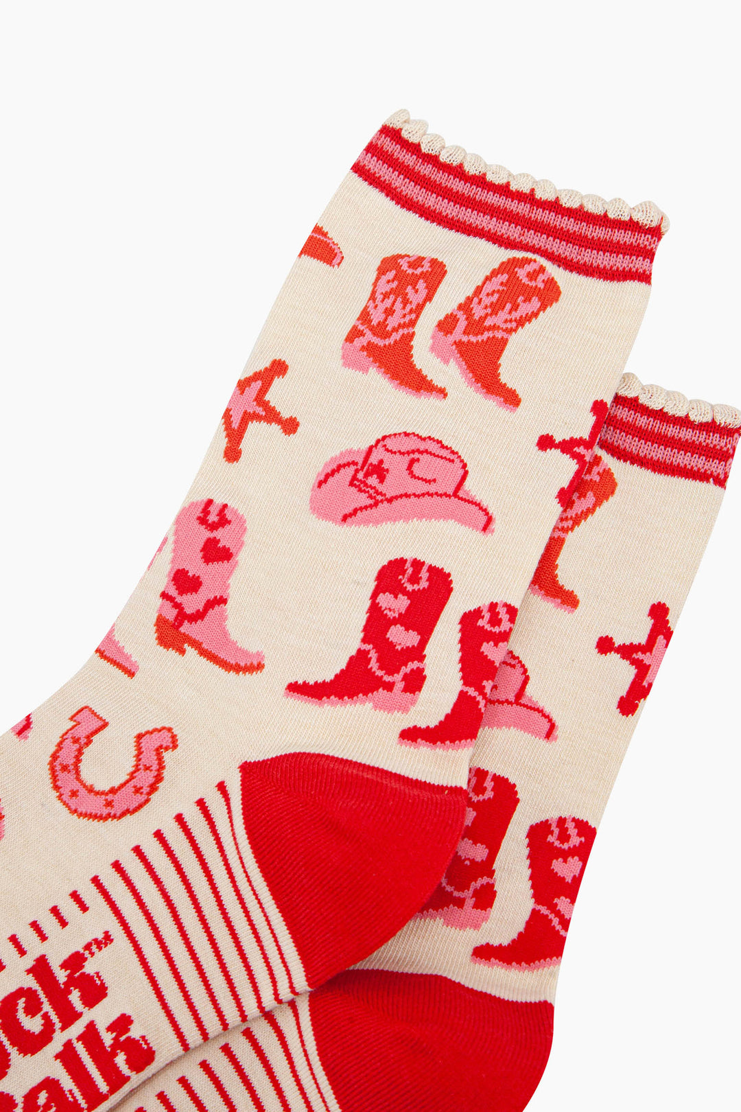 womens-bamboo-socks-cream-western-cowboy-close-up-pink-and-red-cowboy-boots-horseshoes-sherriff-badges-cowboy-hats-frilled-scalloped-cuff
