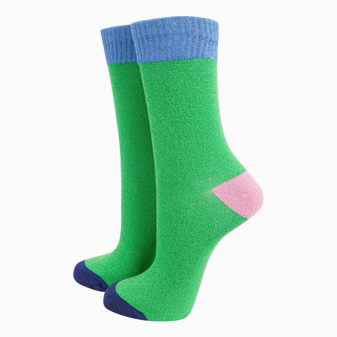 womens-glitter-socks-lime-denim-blue-colour-burst-front-view