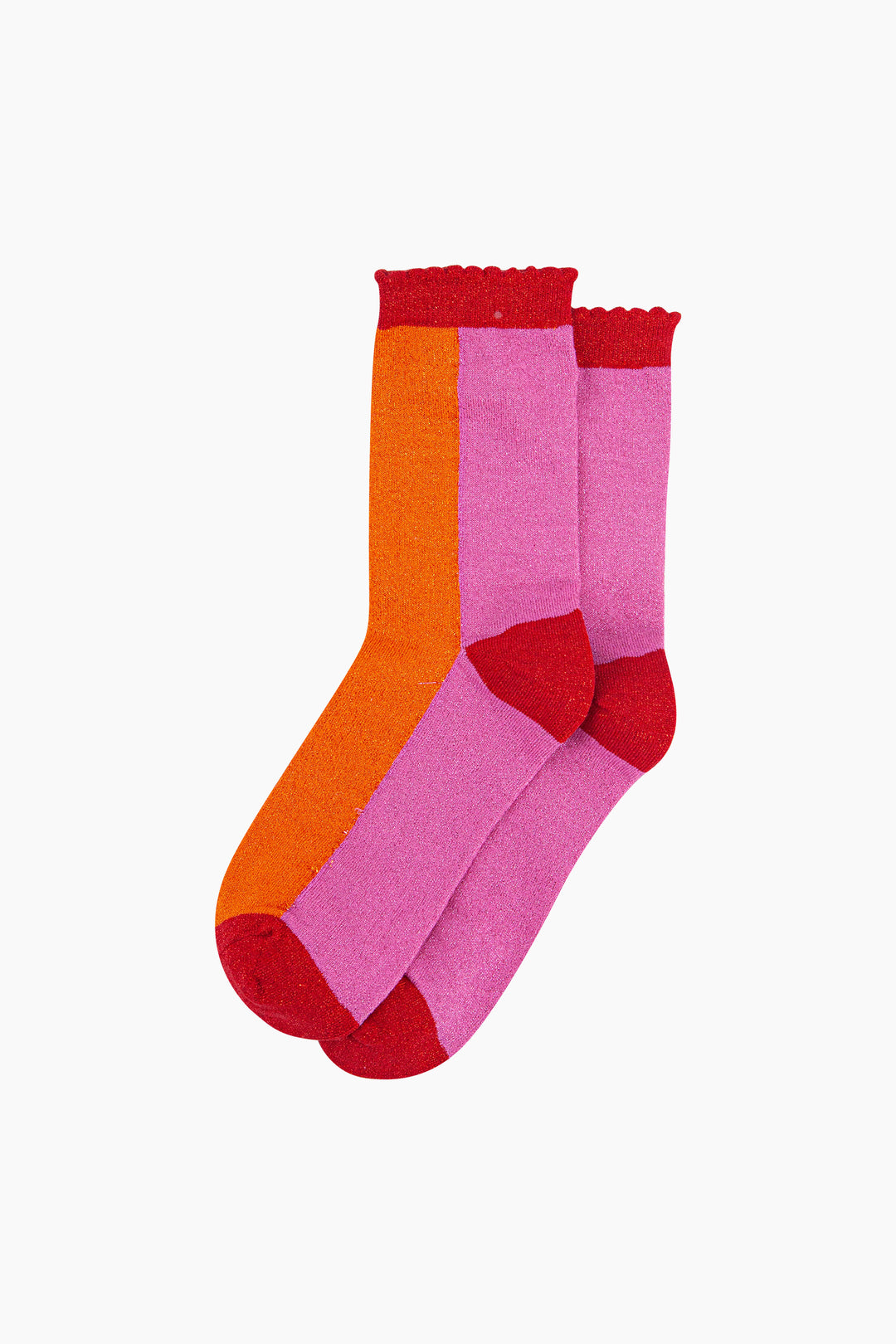 Colour Block Combed Cotton Glitter Socks in Orange/Pink