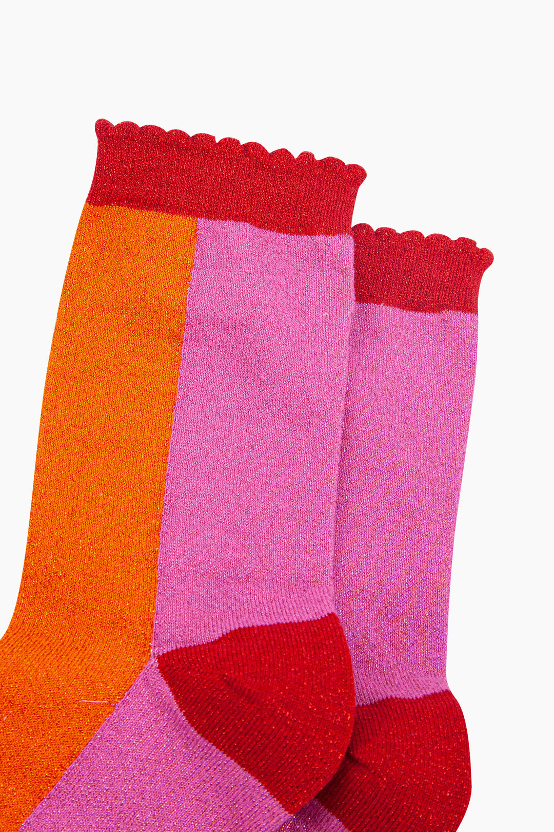 Colour Block Combed Cotton Glitter Socks in Orange/Pink