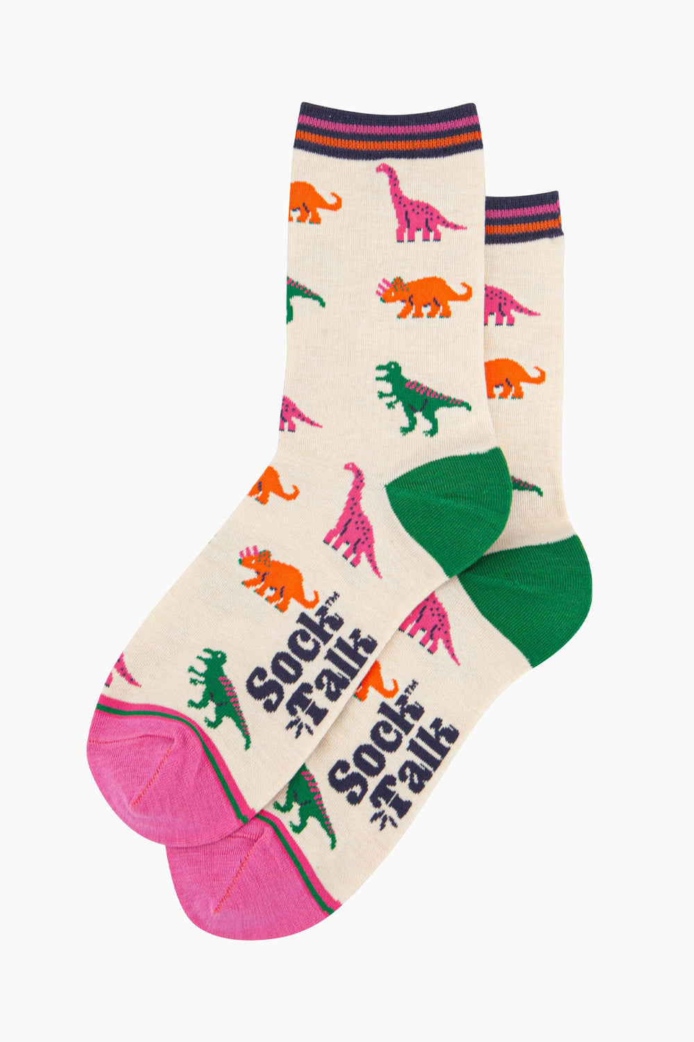 womens-bamboo-socks-cream-multi-dinosaurs-laying-flat-colourful-dino-pattern-repeats-all-over-the-design