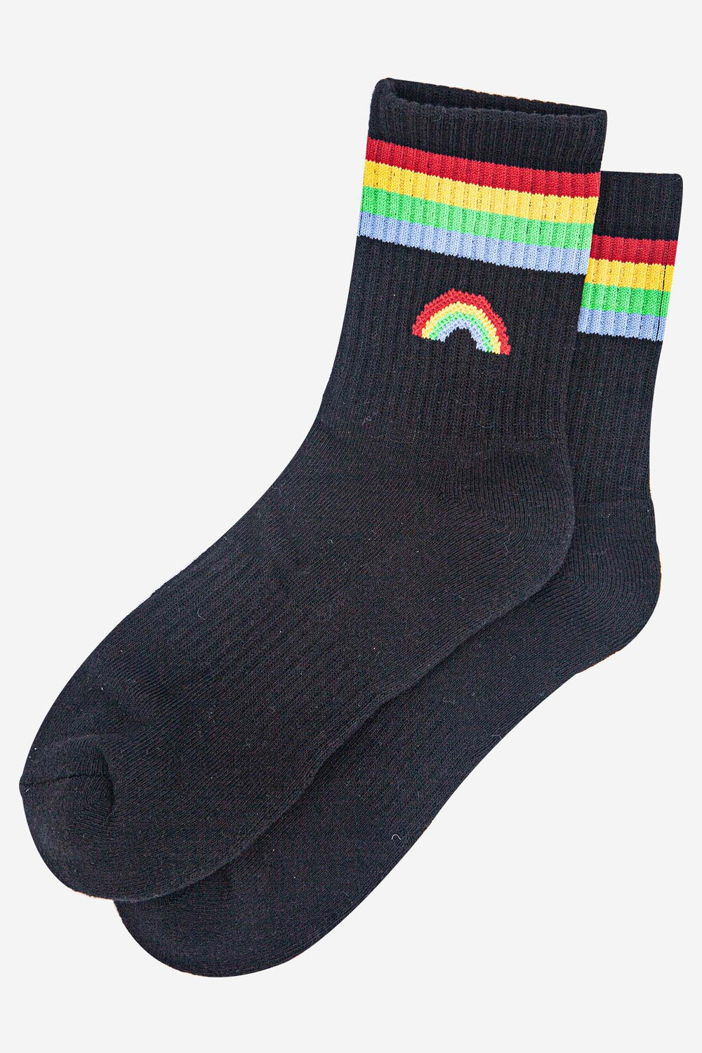 womens-sporty-socks-black-rainbow-laying-flat