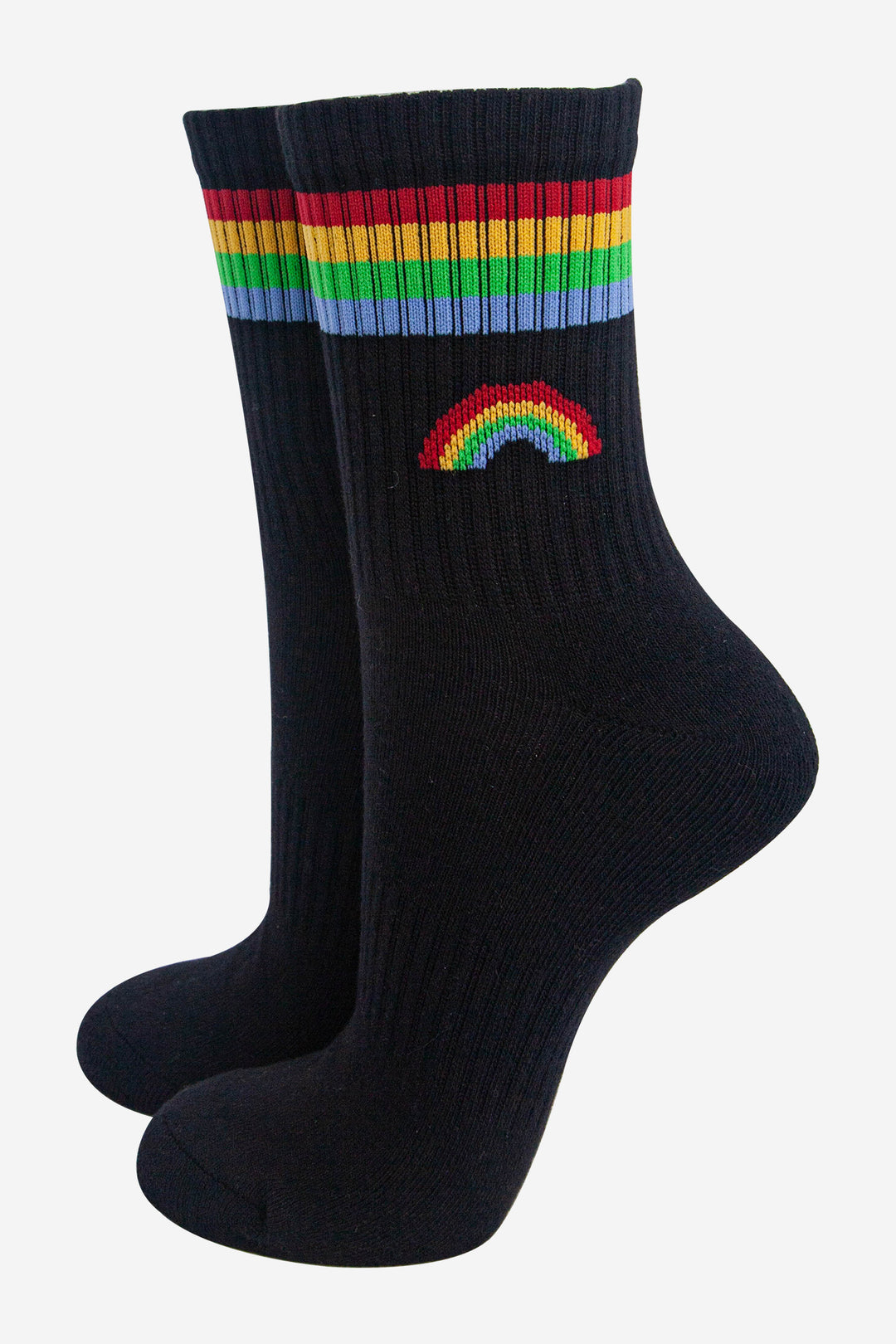 womens-sporty-socks-black-rainbow-colourful-stripes