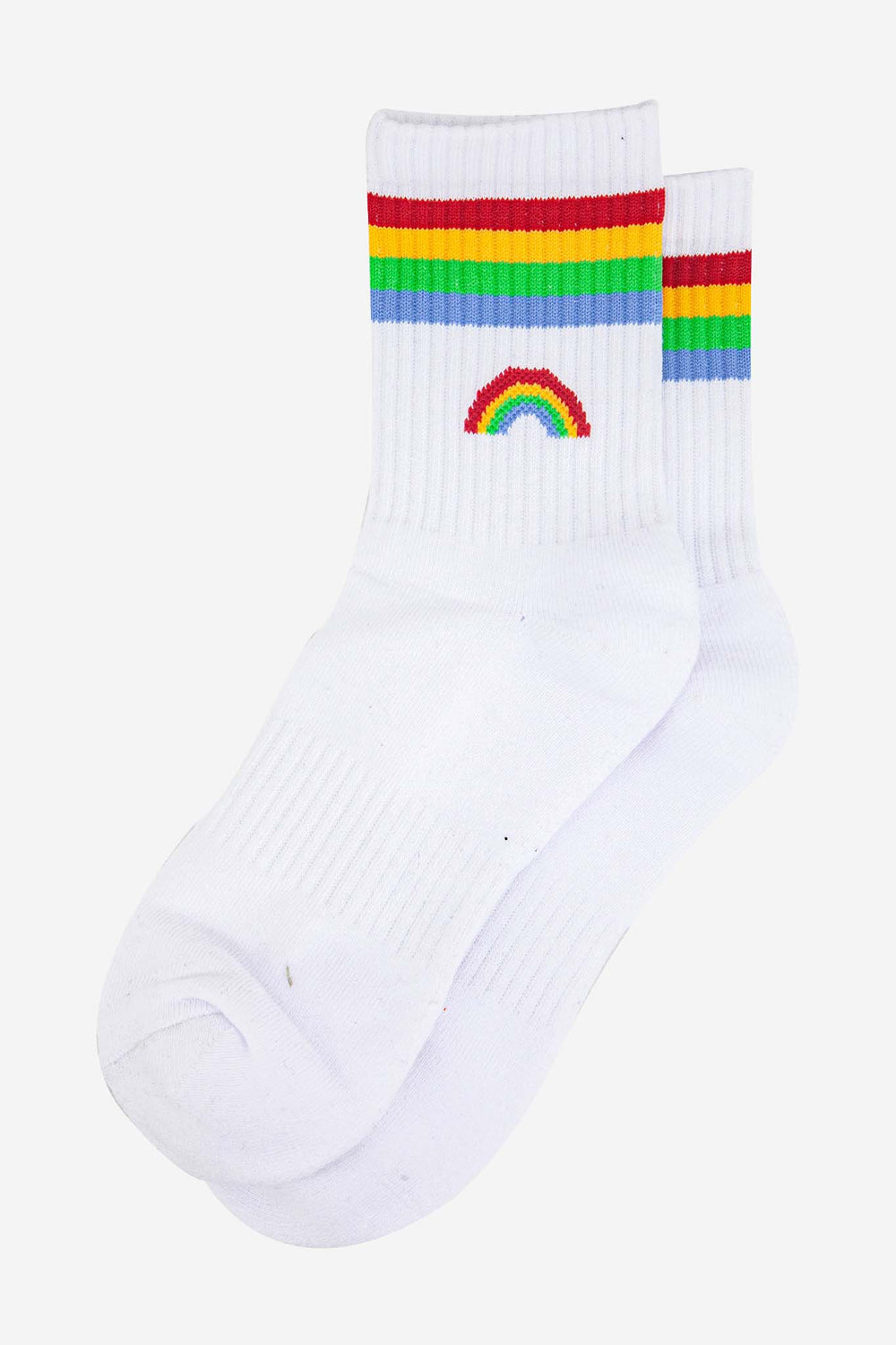 womens-sporty-socks-white-rainbow-laying-flat