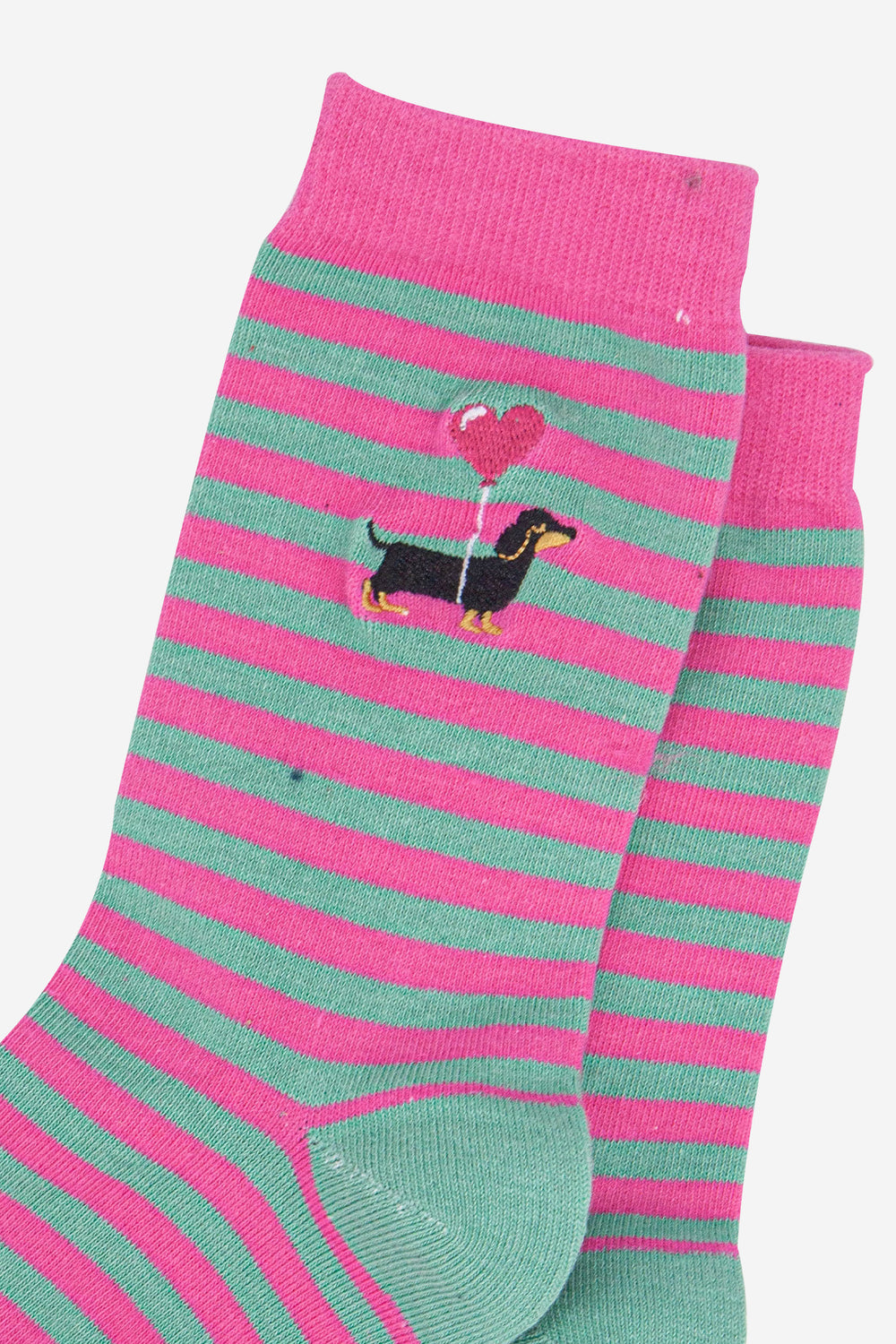 womens-embroidered-ankle-socks-pink-sausage-dog-stripe-close-up