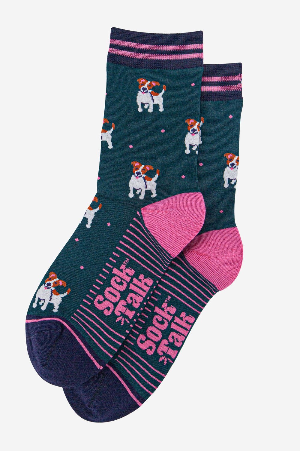 womens-bamboo-socks-forest-green-navy-blue-jack-russell-terriers-laying-flat