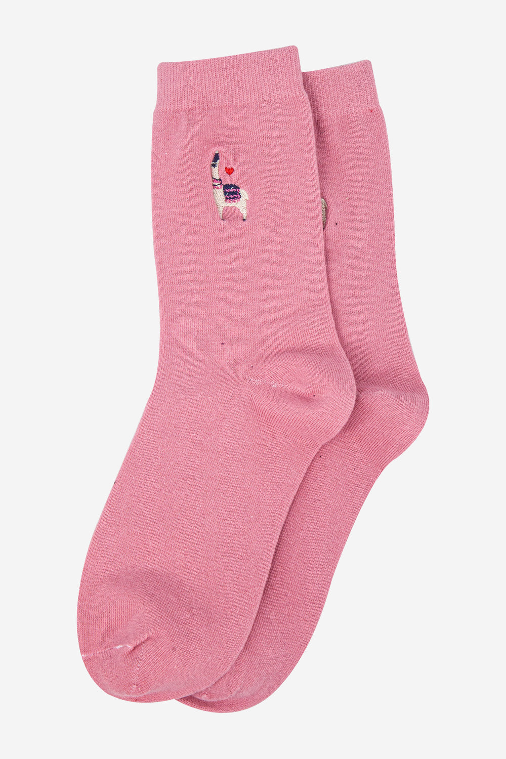 womens-embroidered-ankle-socks-pink-llama-laying-flat