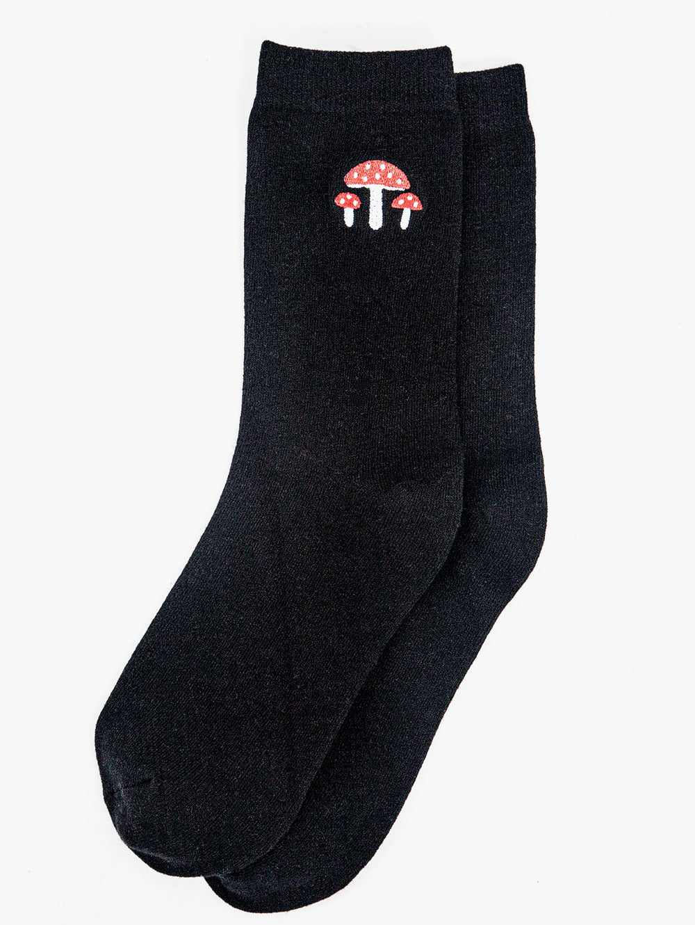 womens-embroidered-ankle-socks-black-toadstools-laying-flat