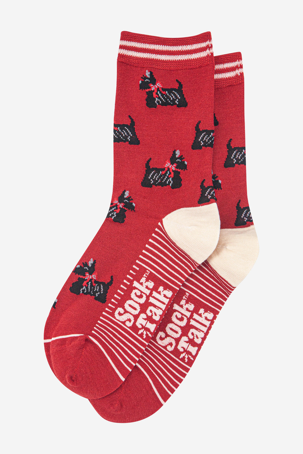 womens-bamboo-socks-red-cream-scottish-terriers-laying-flat