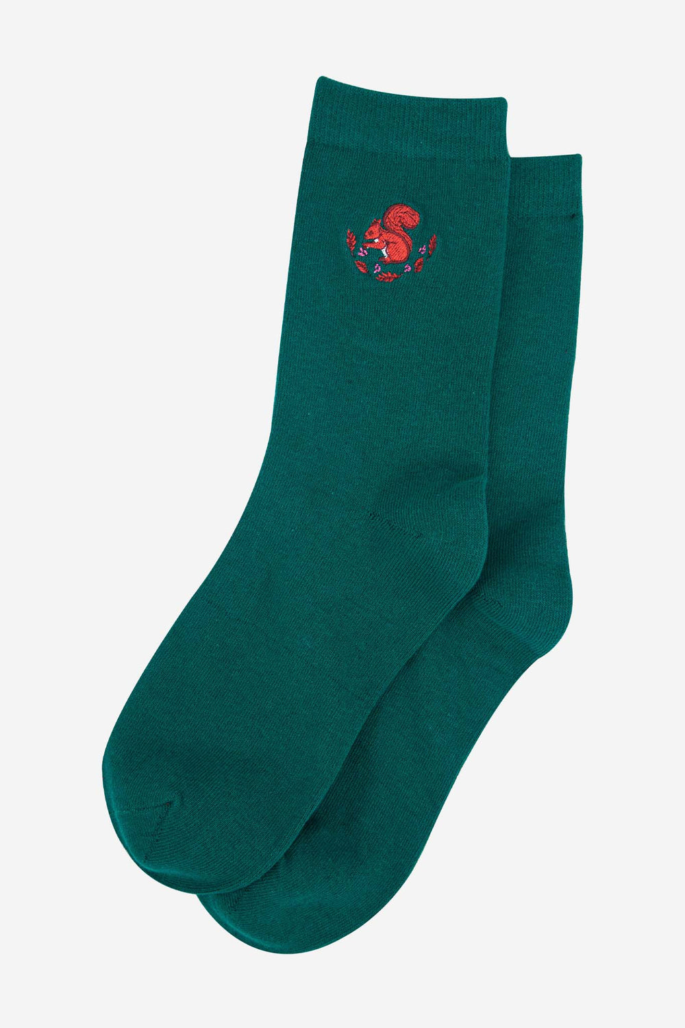 womens-embroidered-ankle-socks-forest-green-squirrel-laying-flat